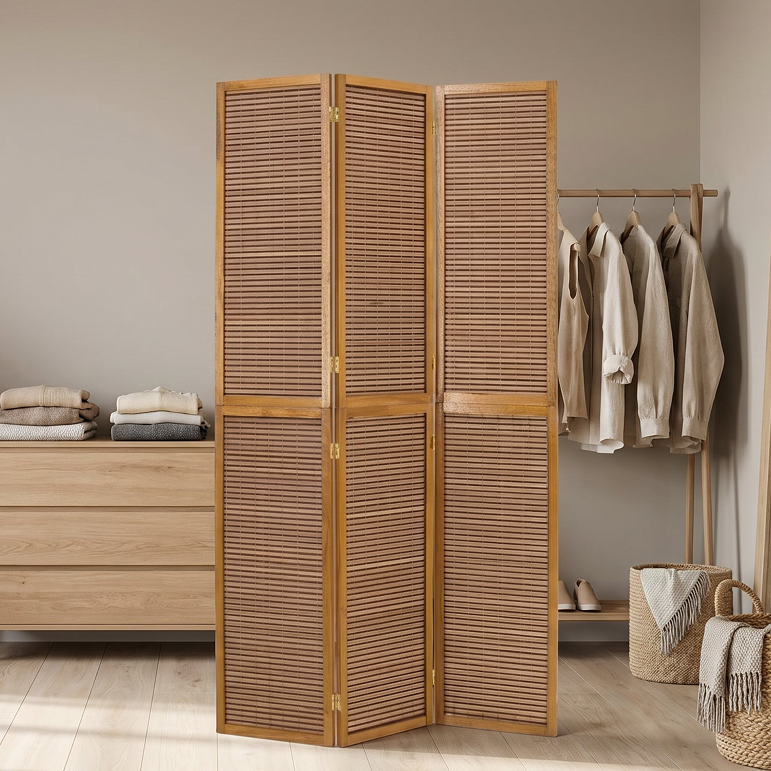 Brown Wooden Screen (3-panel) – Stylish Wooden Room Divider & Privacy Screen
