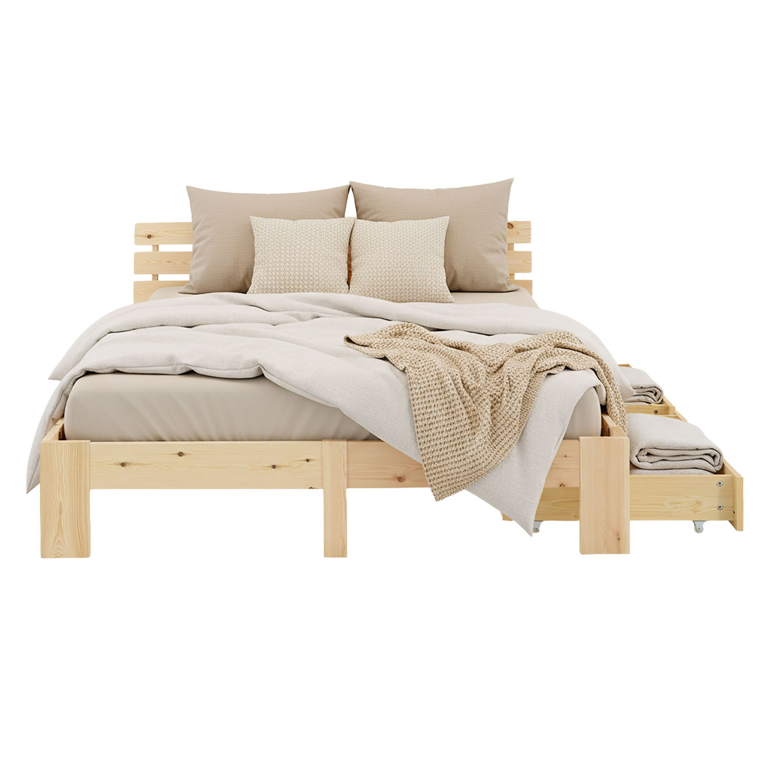 Wood Bed 140x200 cm Natural | Double Bed | with Spring Mattress | 2 Drawers | Youth Guest Bedroom