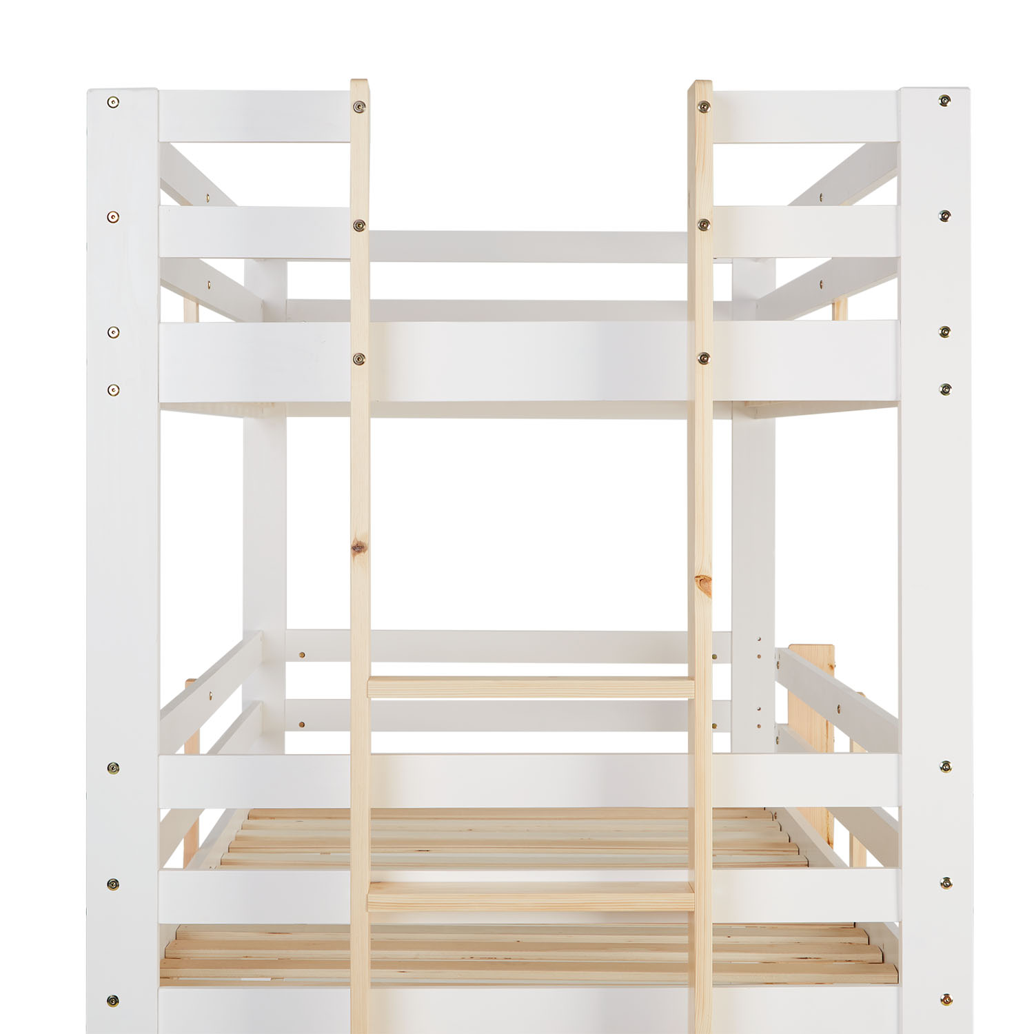 Bunk Bed 3 Levels 90x200 cm White | Ladders Natural | with Bed Drawer | with Slatted Frame