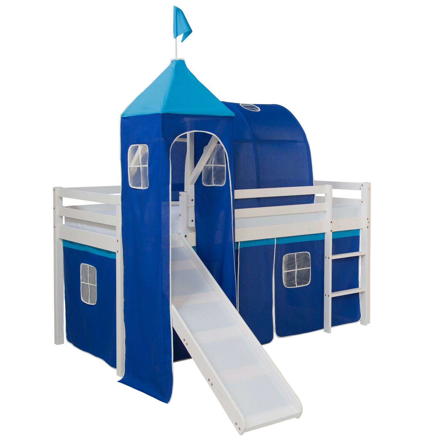 Loft Bed Kids 90x200 cm White with Curtain Blue | Tunnel | Tower | Slide | without Slatted Frame Loft Bed Kids 90x200 cm White with Curtain Blue | Tunnel | Tower | Slide | without Slatted Frame