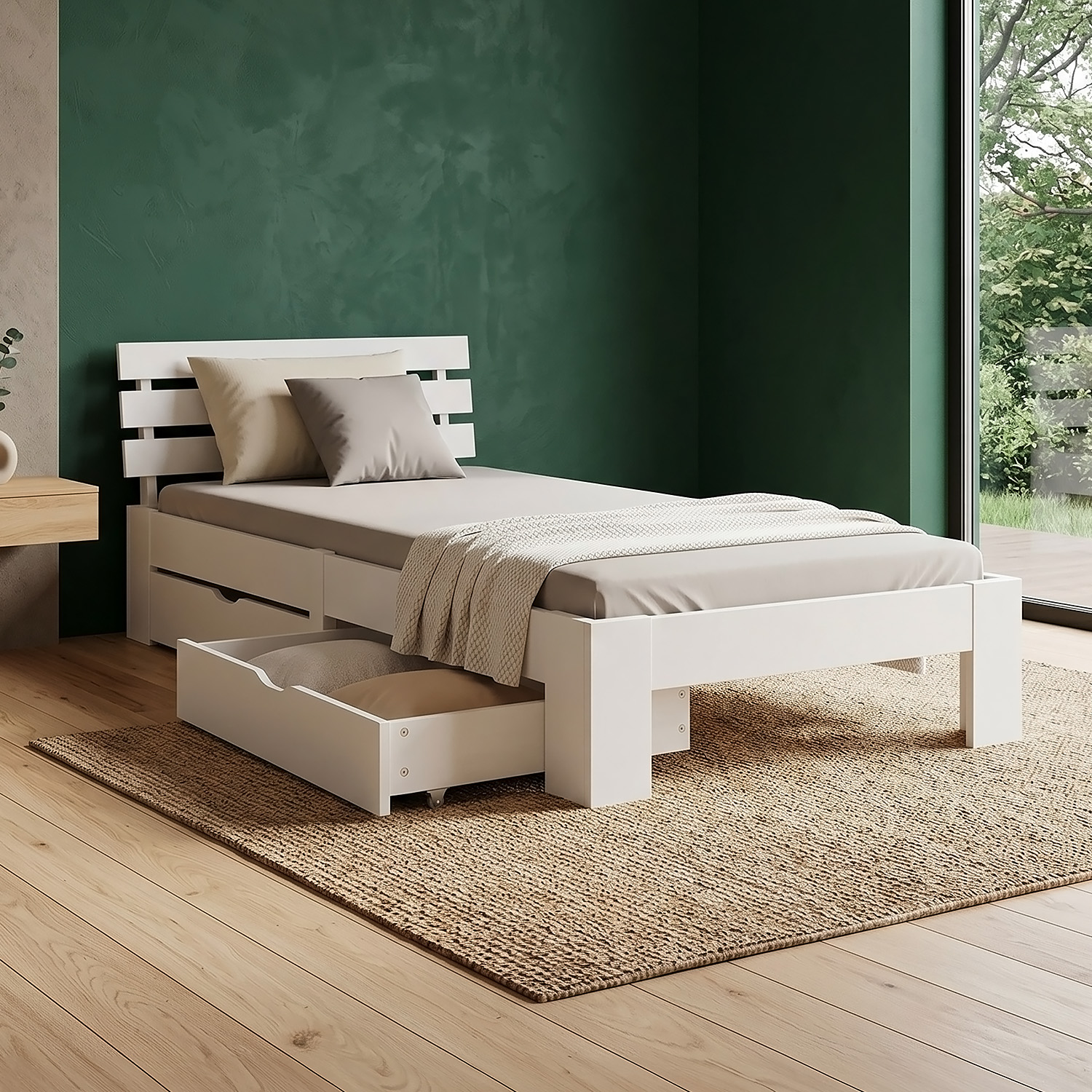 Wood Bed 90x200 cm White | Single Bed with Storage Drawers | with Slatted Frame | Solid | Kids Youth Guest Bedroom
