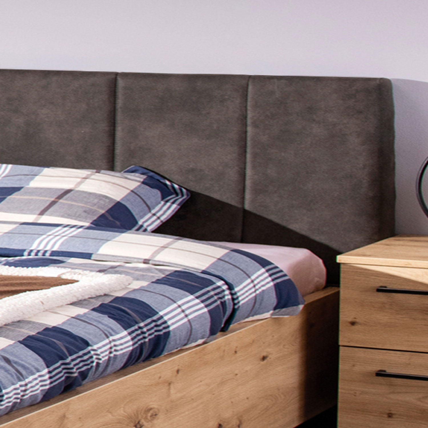 Wooden bed with upholstered headboard 160x200 cm oak und grey | with slatted frame | double fabric bed | industrial style