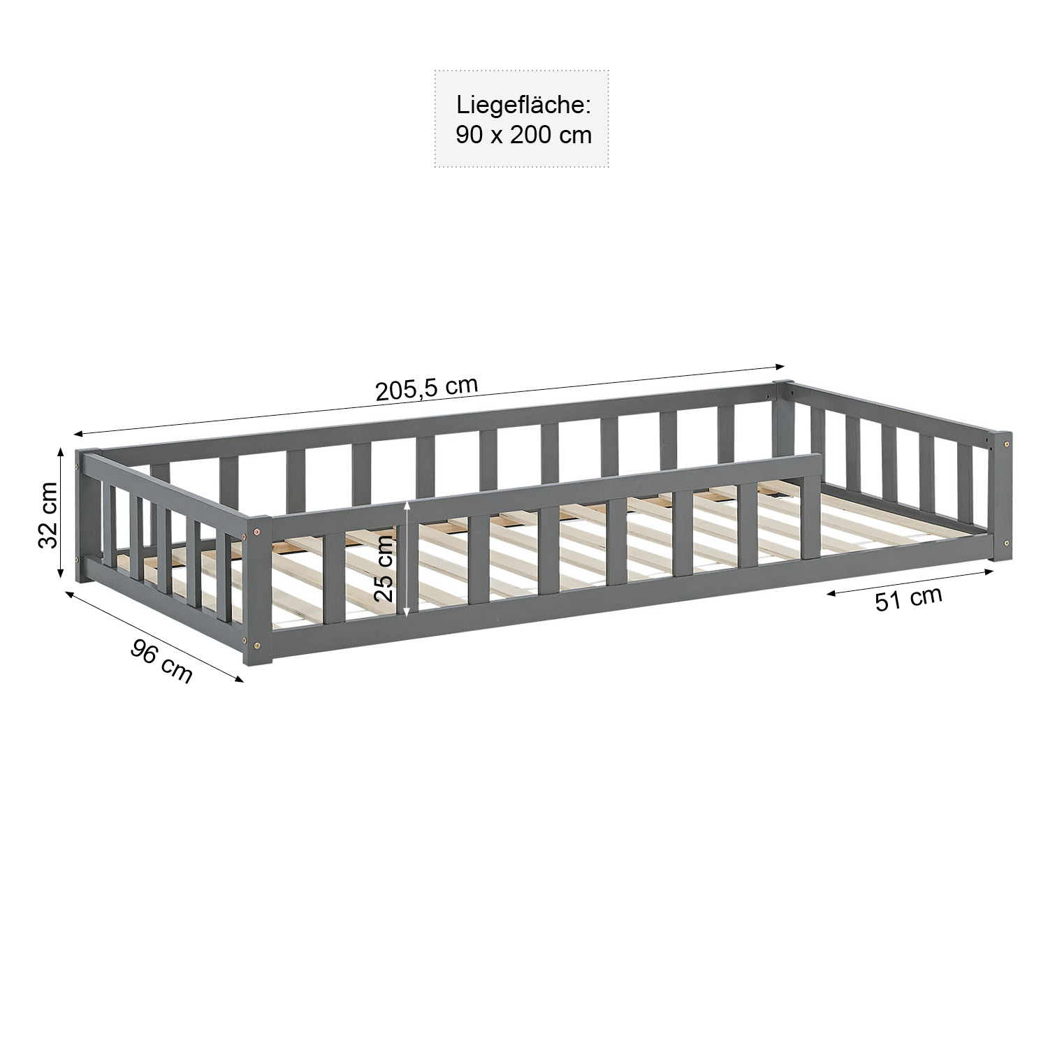 Children's Bed 90x200 Grey | Floor Bed with Mattress & Slatted Frame | with Fall Protection | Montessori