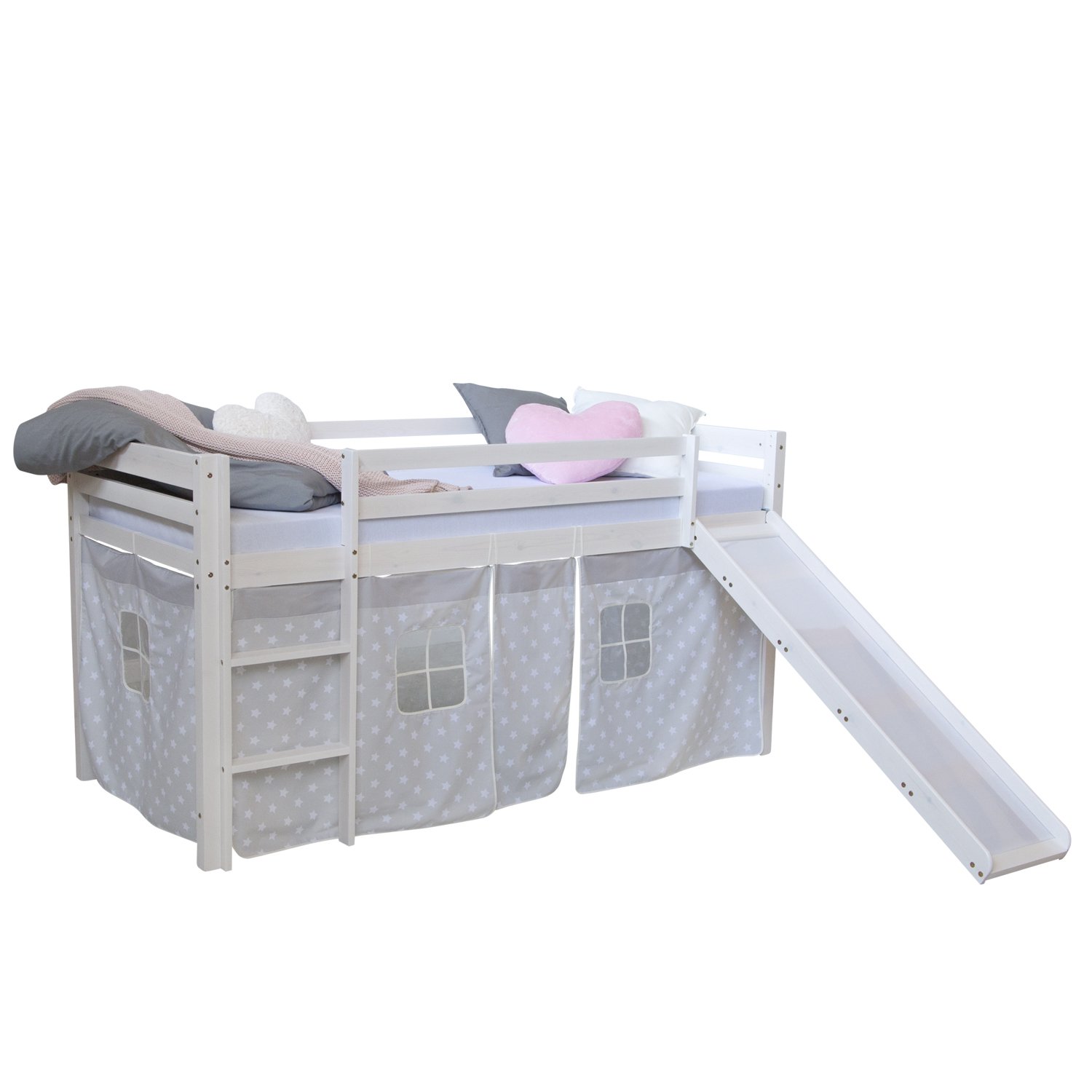 Loftbed 90x200 cm Bunk bed Childrens bed Solid Pine Wood Tower Tunnel Curtain Grey Stars Slide Mattress Slats