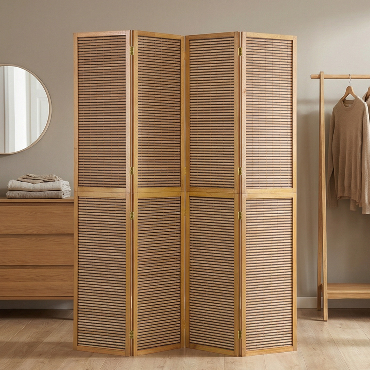 4-panel Brown Screen, 200 cm – Wooden Room Divider & Privacy Screen with Slats
