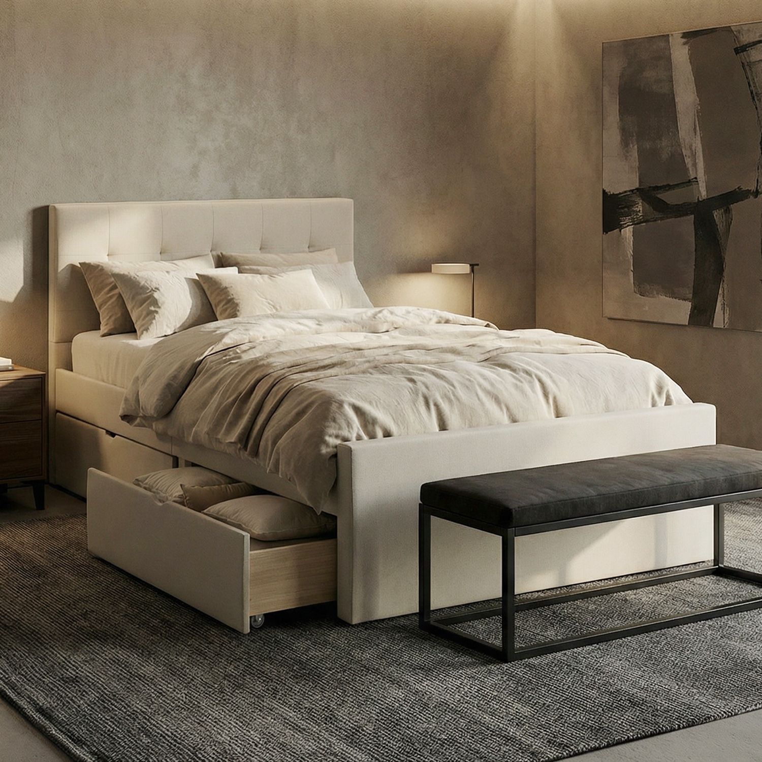 Upholstered bed 120x200 cm beige | with slatted frame | with 2 bed drawers | double fabric bed frame