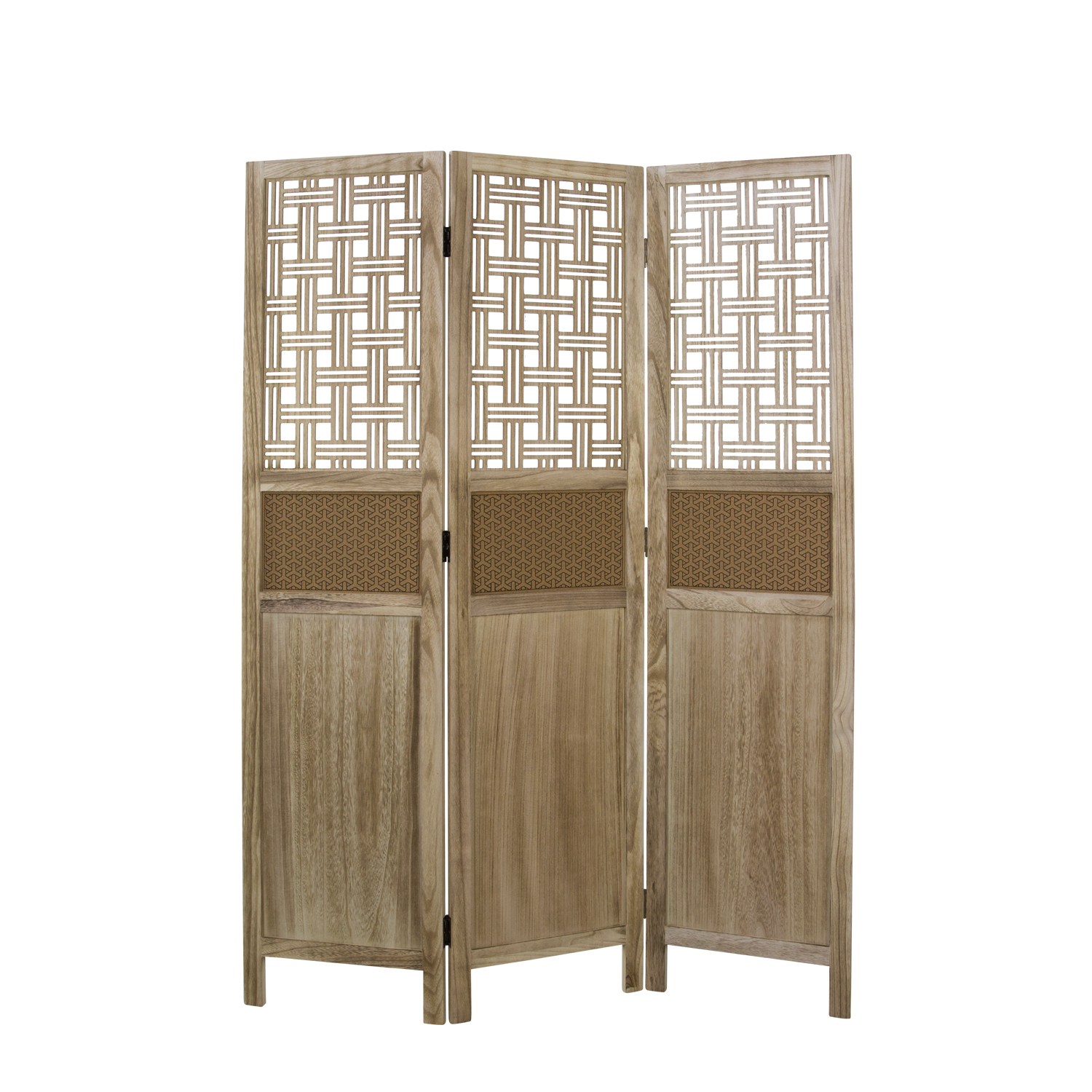 Paravent in Naturholzfarbe mit Holzelementen und 3 beweglichen Elementen. Der dreiteilige naturfarbene Paravent zeigt offene geometrische Gitter oben, einen dekorativen Mittelstreifen und geschlossene untere Holzfelder vor weißem Hintergrund.