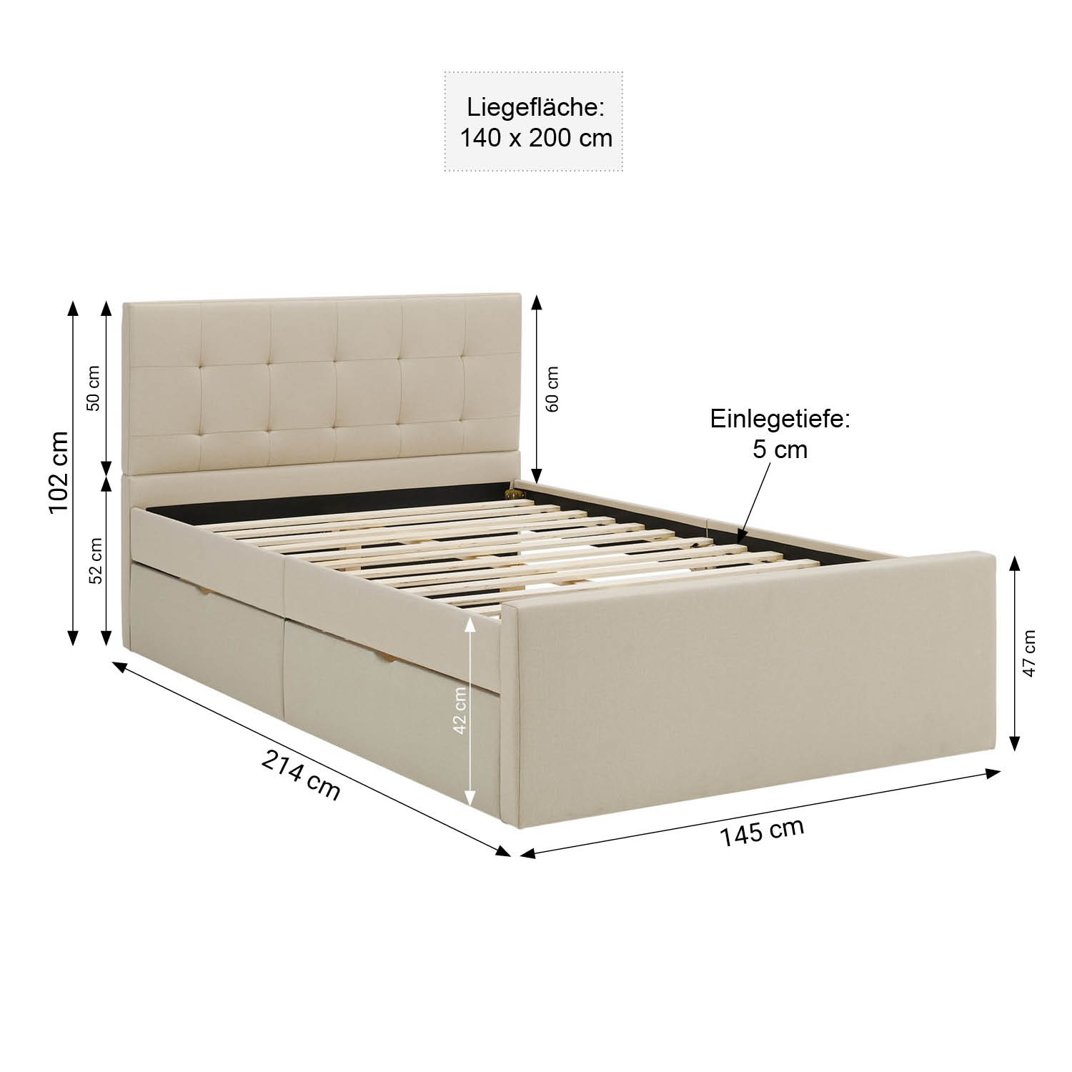 Upholstered bed 140x200 cm beige | with slatted frame | with 2 bed drawers | double fabric bed frame