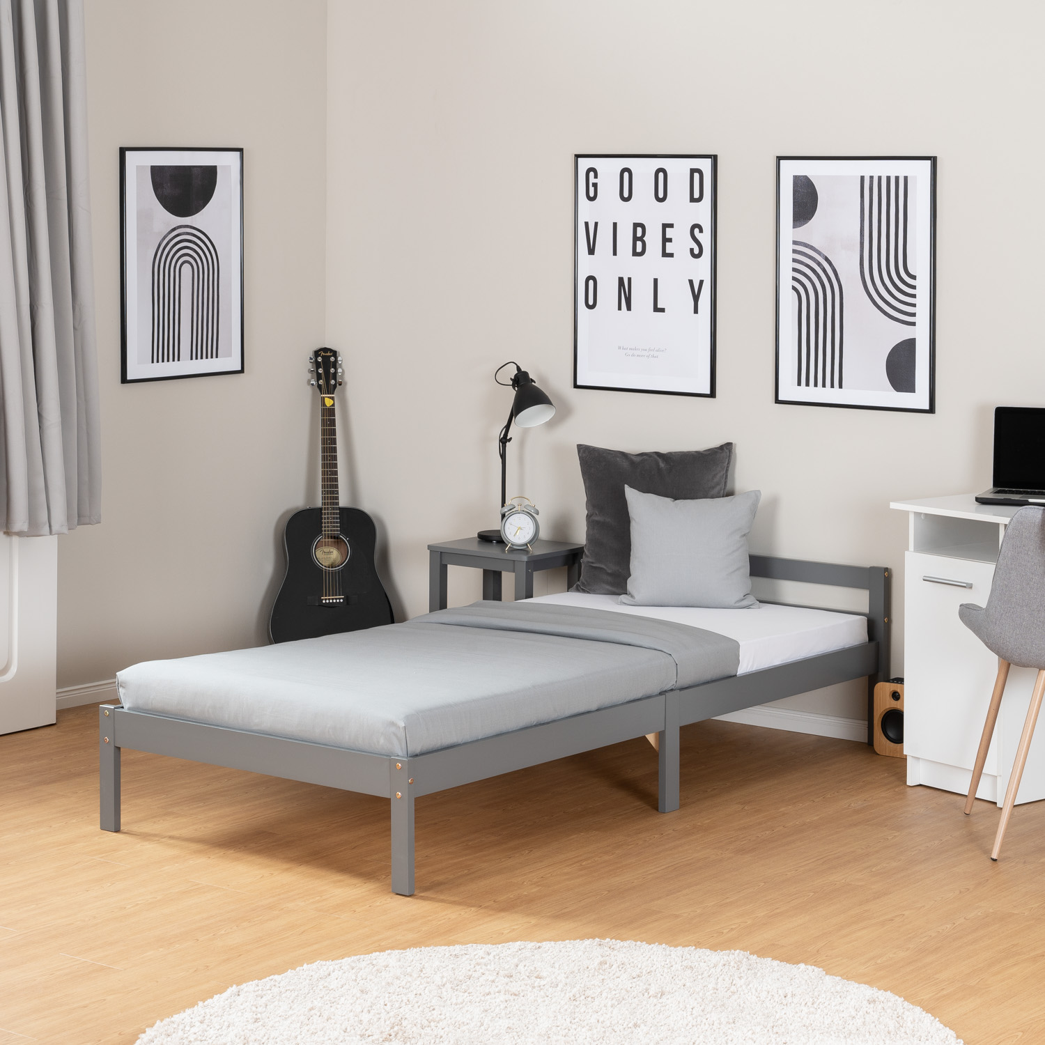 Pallet Bed 90x200 cm Gray | Single Bed | with Slatted Frame | Wood | Kids Youth Guest Bedroom