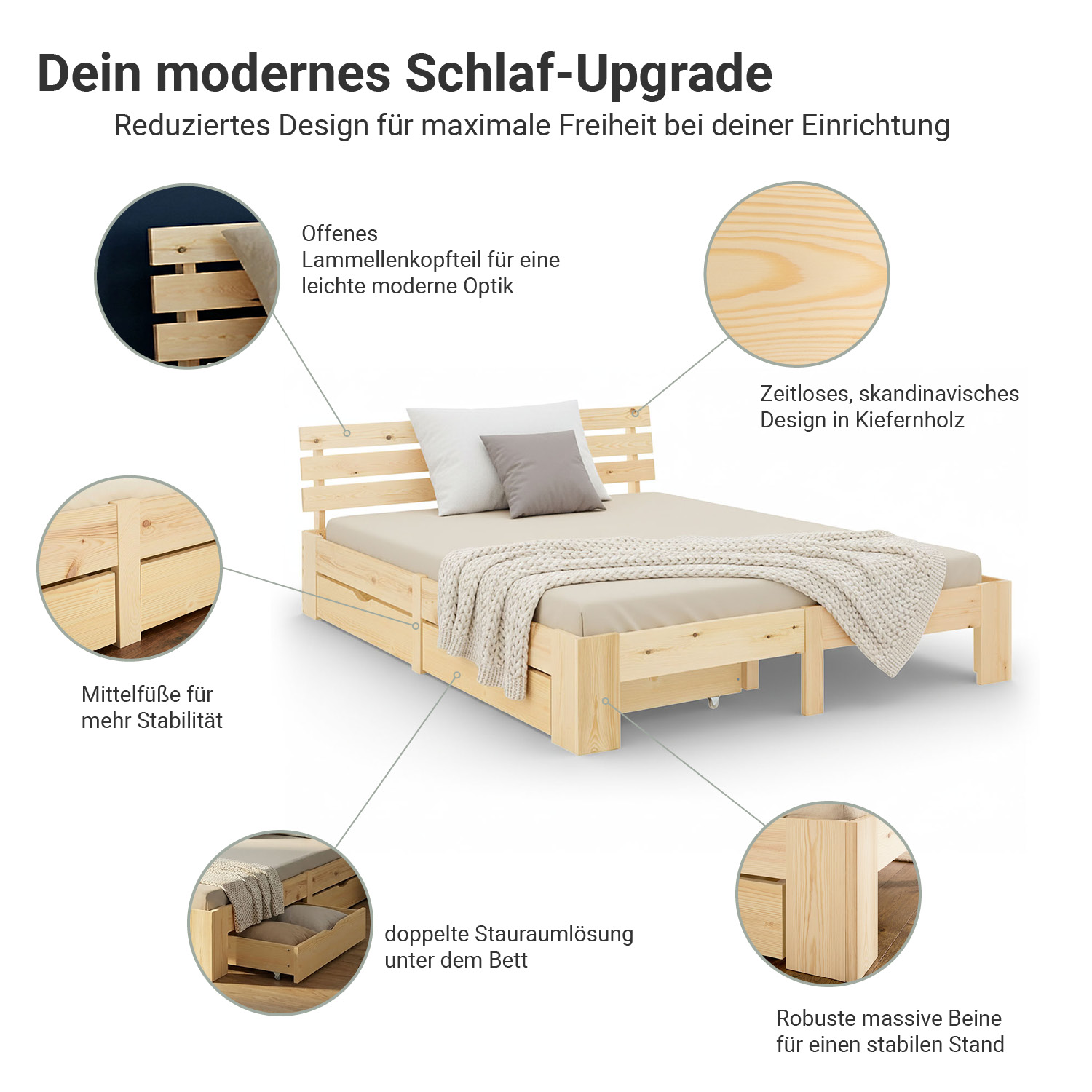 Wood Bed 140x200 cm Natural | Double Bed with Storage 2 Drawers | with Slatted Frame | Solid | Kids Youth Guest Bedroom