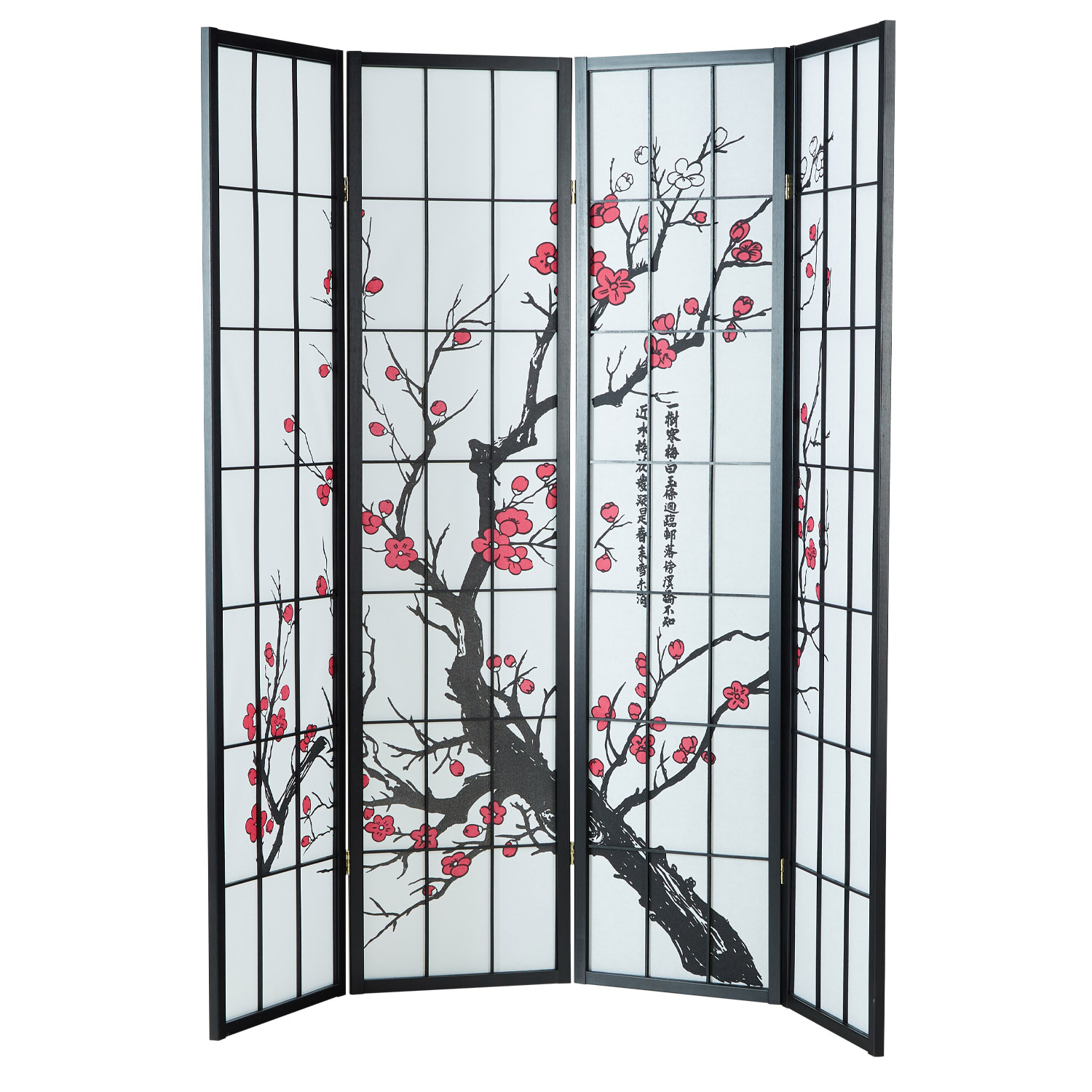 Paravent room divider 3 4 5 parts, wood black, rice paper white, cherry pattern