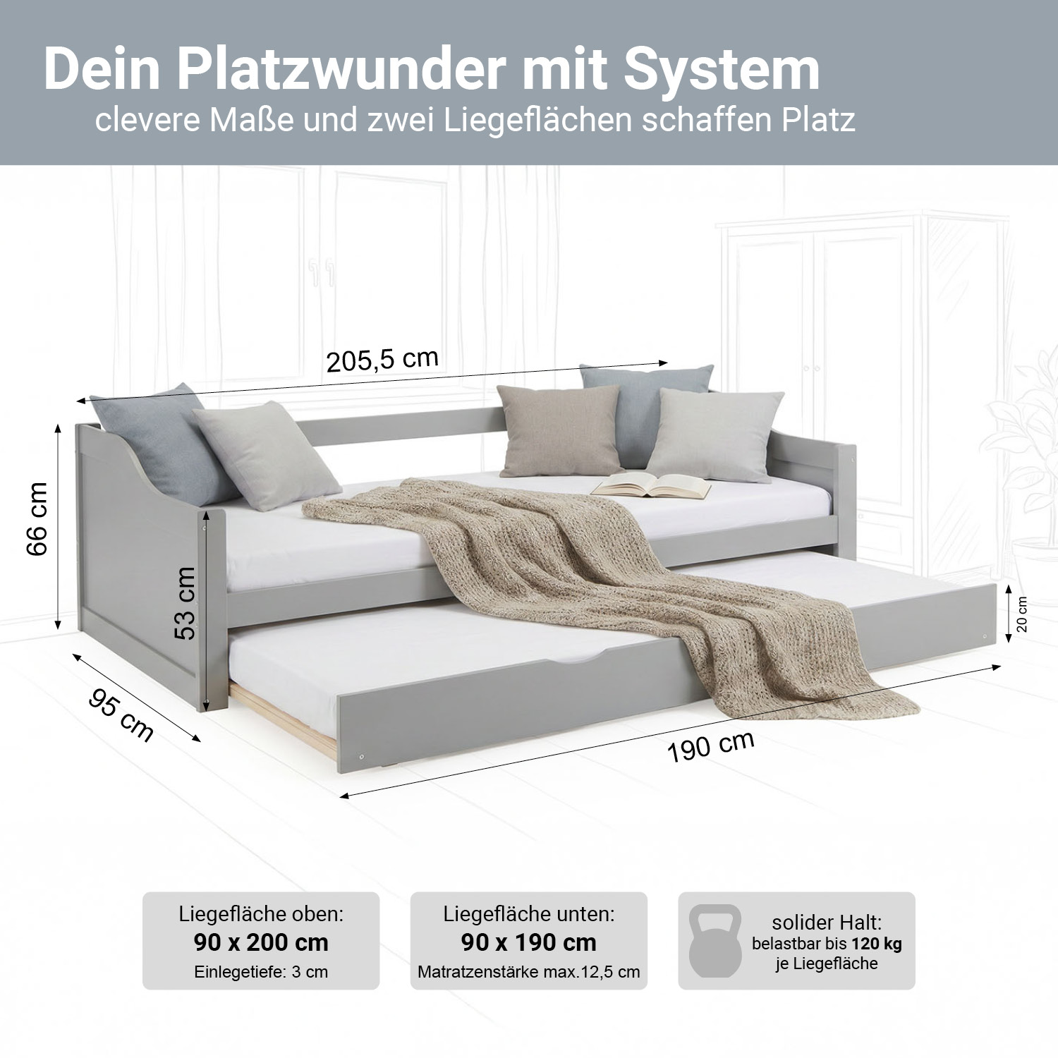 Wood Bed 90x200 cm Grey | Extendable | Cabin Bed | with Mattress | Kids Youth Guest Bedroom