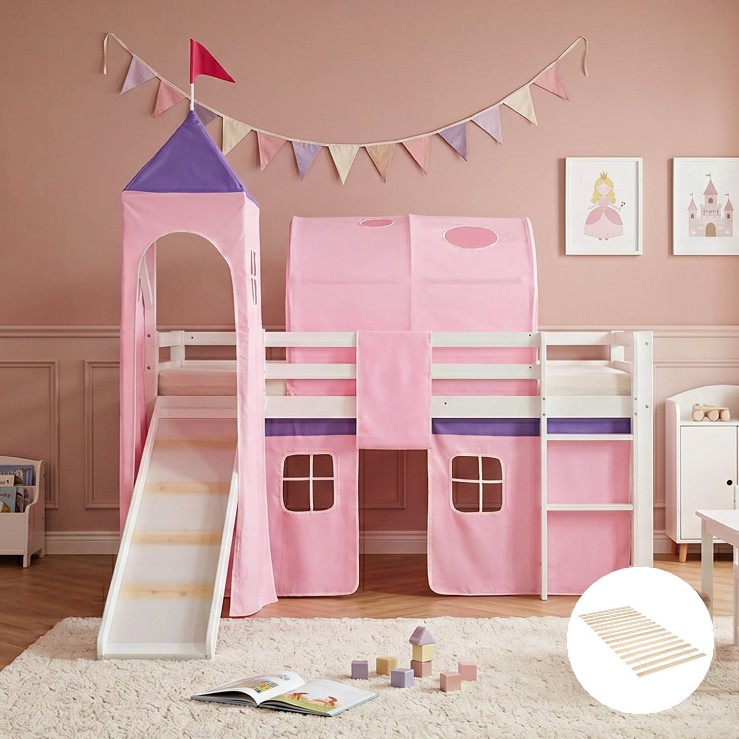 Children's Loft Bed 90x200 cm White with Pink Curtain | Tunnel | Tower | Slide | with Slatted Base