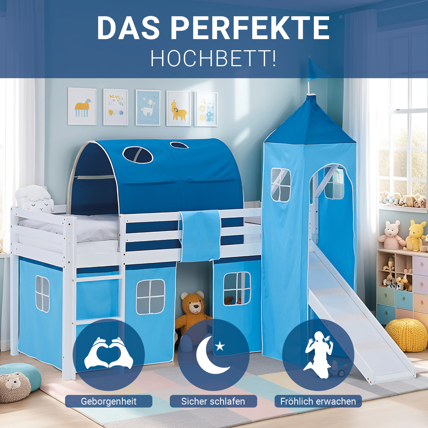 Loft Bed for Kids 90x200 cm White with Curtain in Blue | Slide | Tower | Tunnel | with Slatted Frame and Mattress