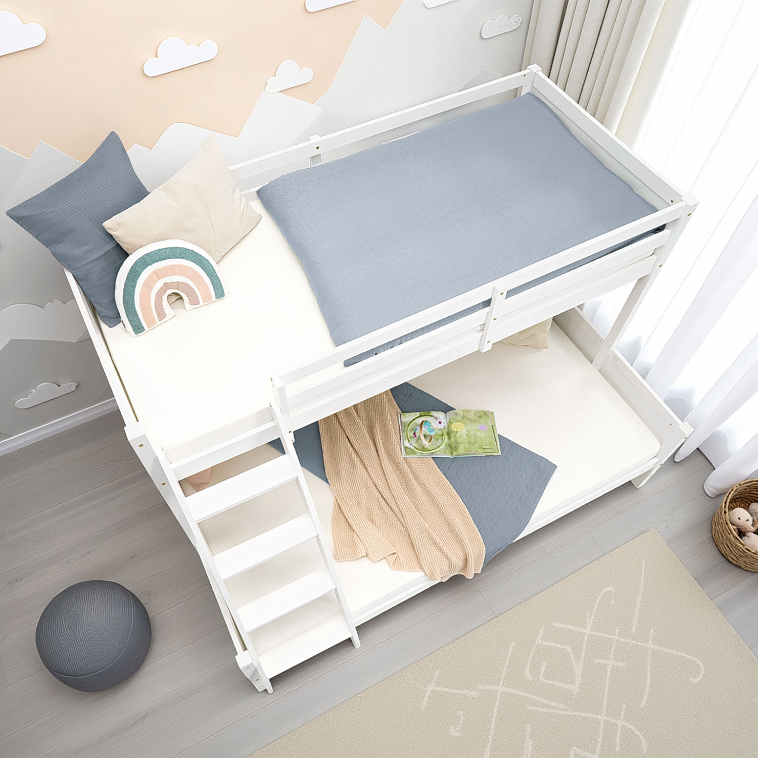 Children´s Bed Bunk Bed 90x200 and 140x200 High Sleeper Cot White Wood with Slats 2 Matresses