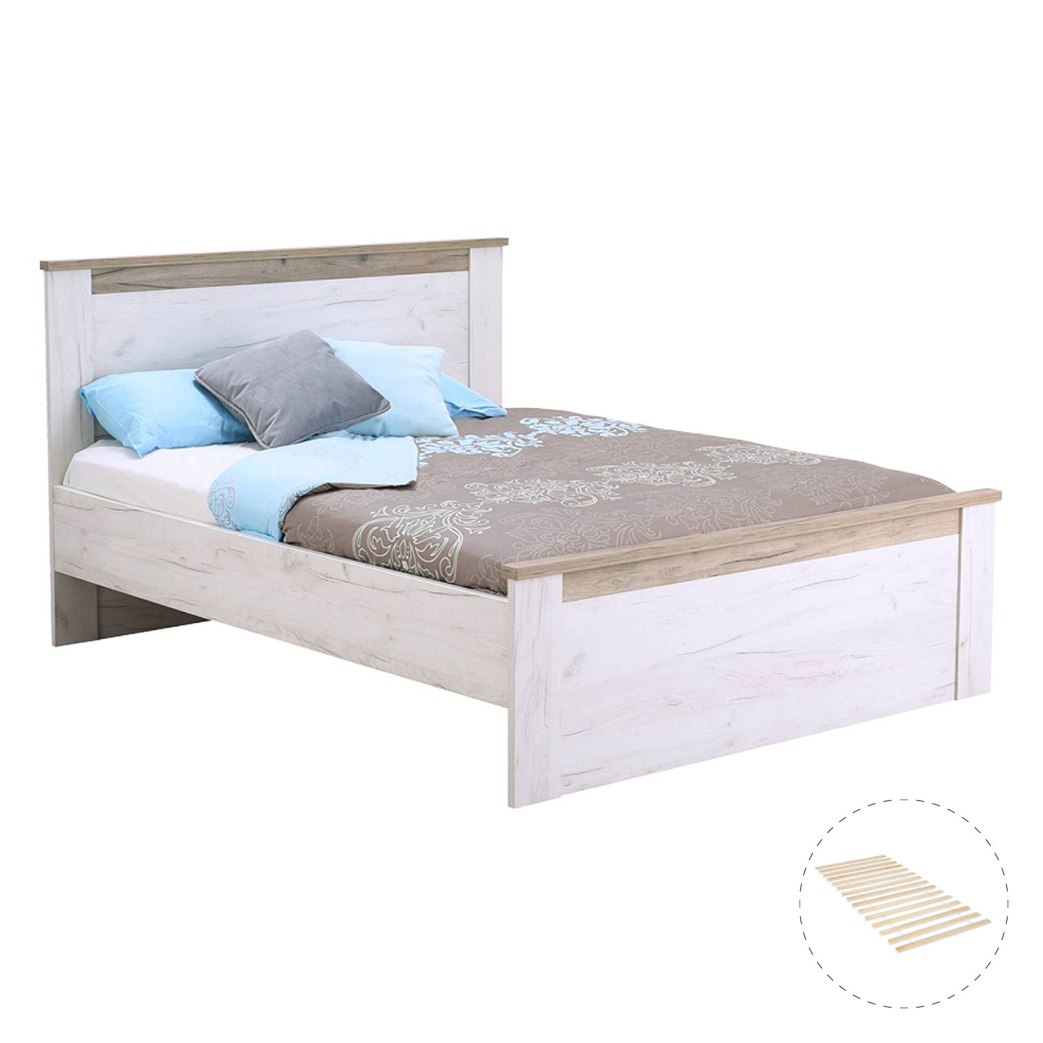 Holzbett in Grau und Weiß mit Oberflächen in Eichenoptik, Lattenrost und Vintage-Optik. Das Bett ist mit Matratze und Bettwäsche auf weißem Hintergrund abgebildet. Kopfteil, Bettrahmen und Untergestell sind sichtbar; ein kleines Detailbild ist unten einge