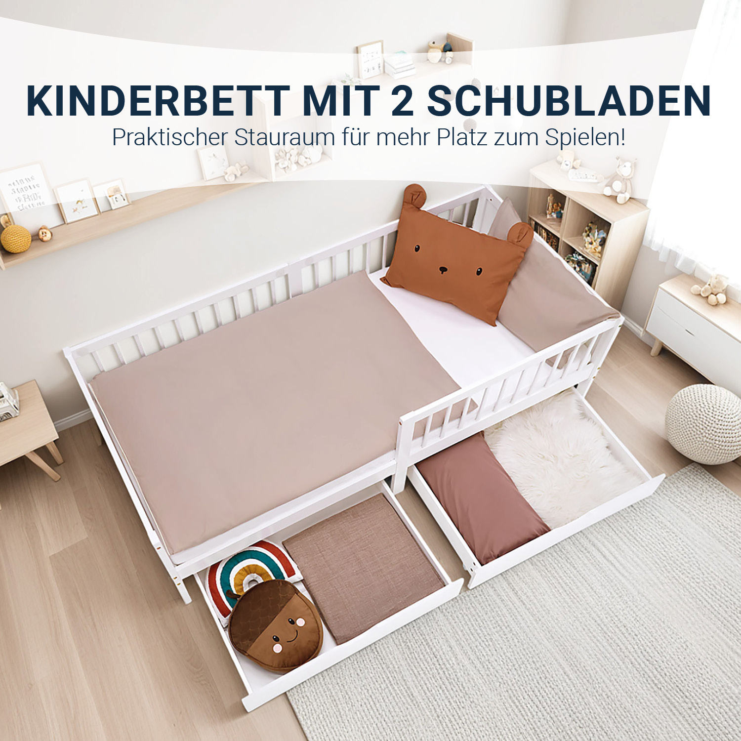 Children's Bed 90x200 cm White | Wooden bed with mattress | Single Bed | 2 drawers | Fall Protection