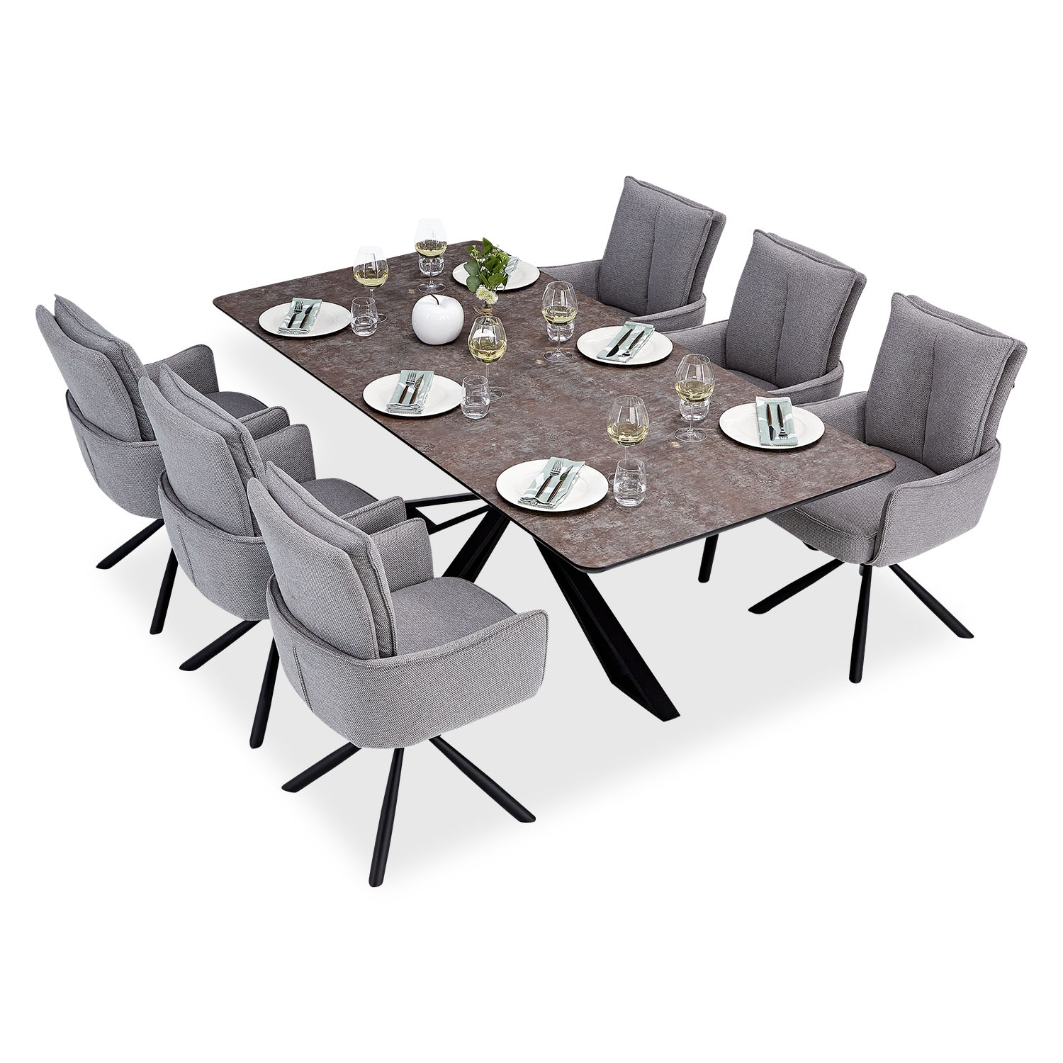 Dining set | 6-piece set upholstered chairs grey with armrest | swivel | dining table brown metal frame 200 x 100 cm