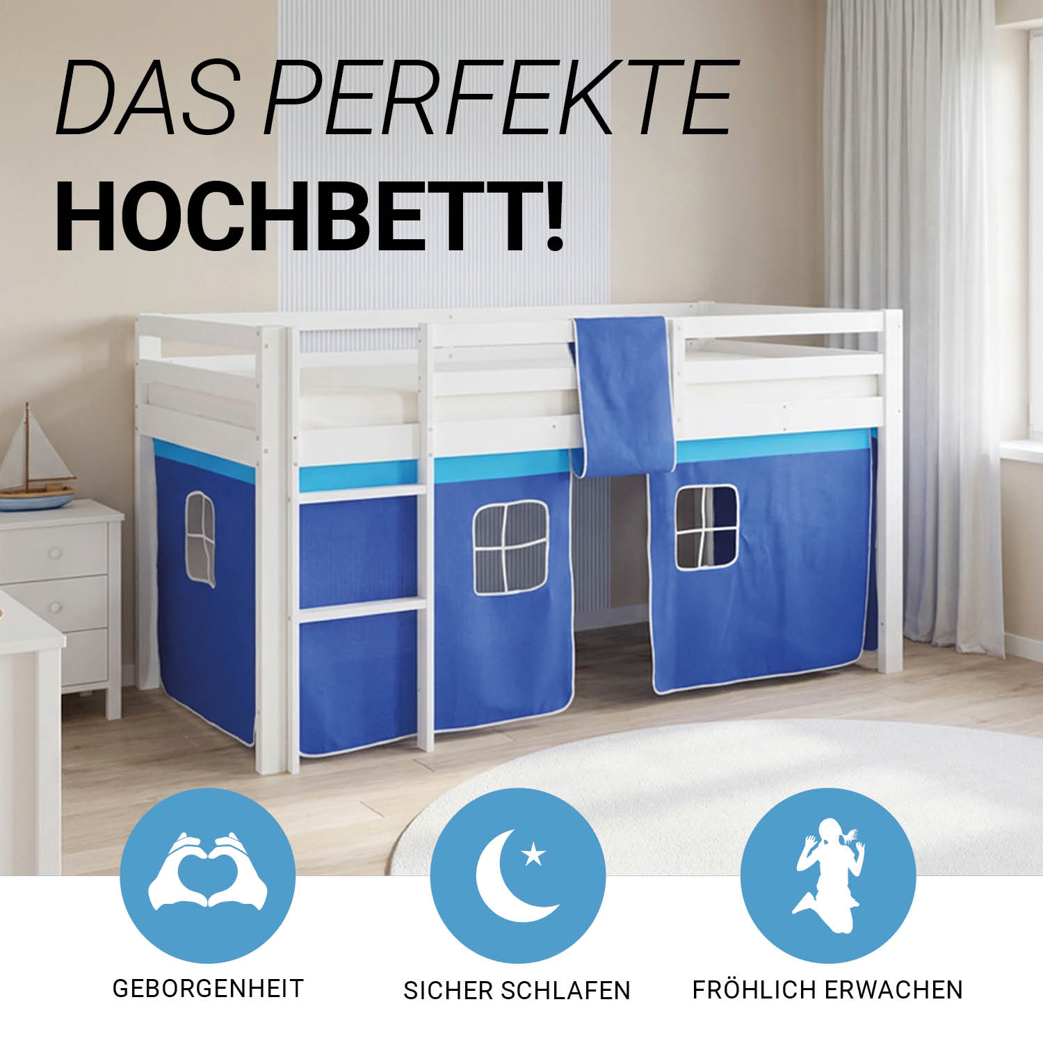 Children's loft bed, 90x200 cm, white with blue curtain | without slatted frame