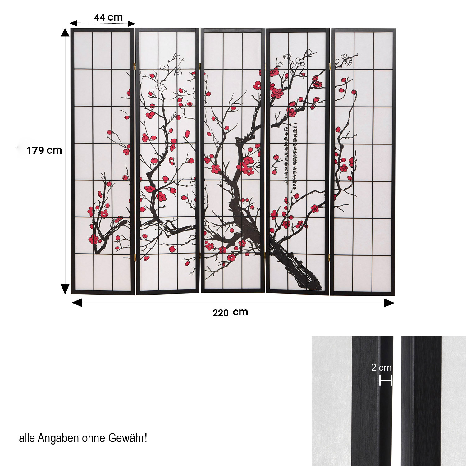 Screen room divider, 5 parts, wood black, rice paper white, cherry pattern, height 179 cm