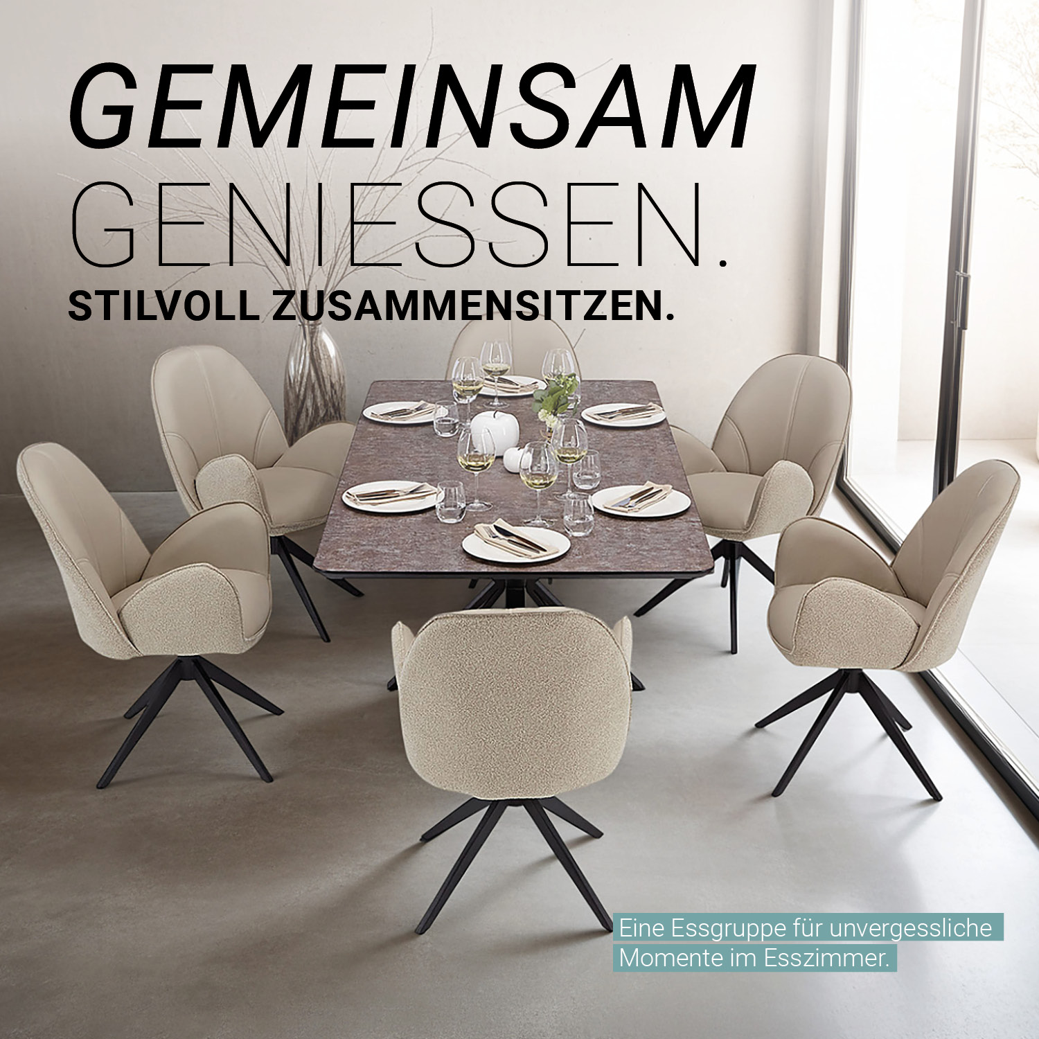 Dining set | 6-piece set upholstered chairs beige bouclé Leder with armrest | swivel | dining table brown metal frame 200 x 100 cm