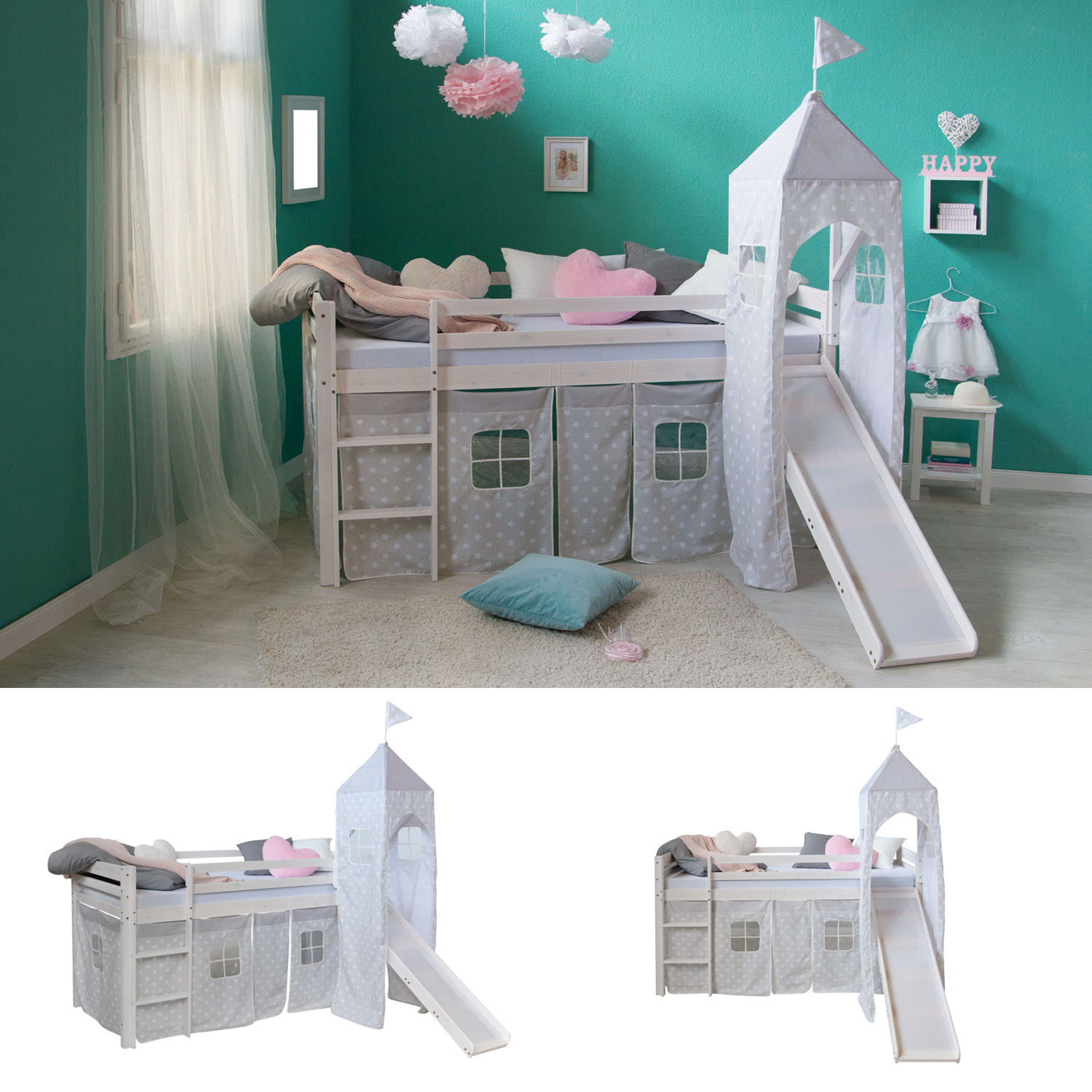 Cabin Bunk Bed High sleeper Loft Bed grey white pine Youth Bed Slide Tower Curtain Stars