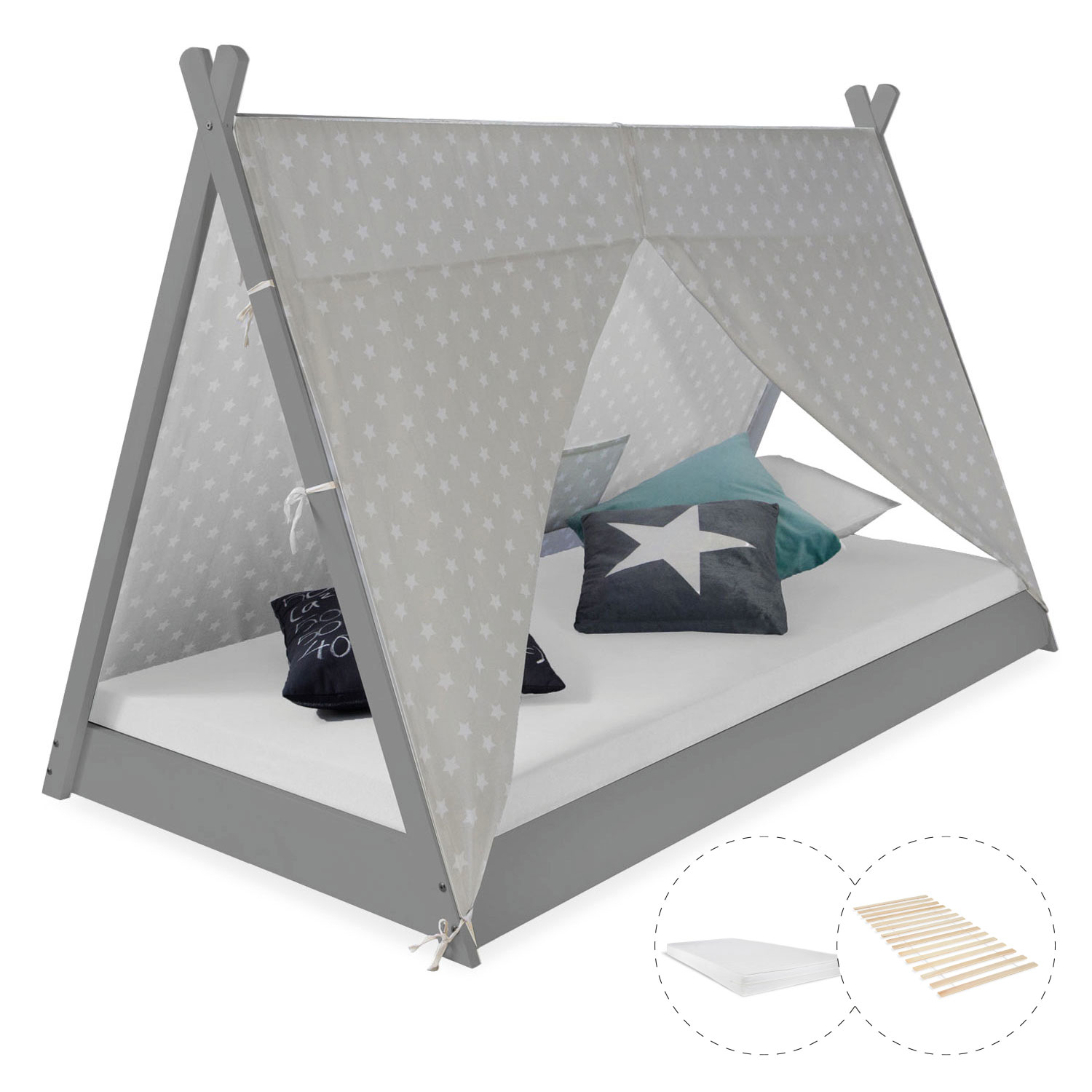 Children bed tipi with mattress tent bed 90x200 youth bed grey canvas stars
