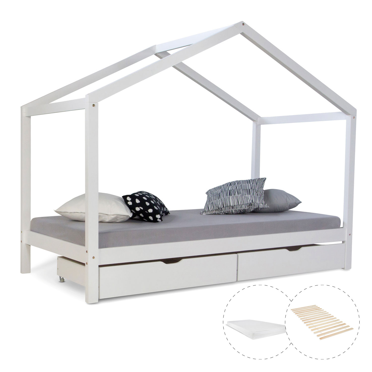 Cot House Bed 90x200 cm + Mattress Children's House Play Bed Wooden Bed Bed Drawer 