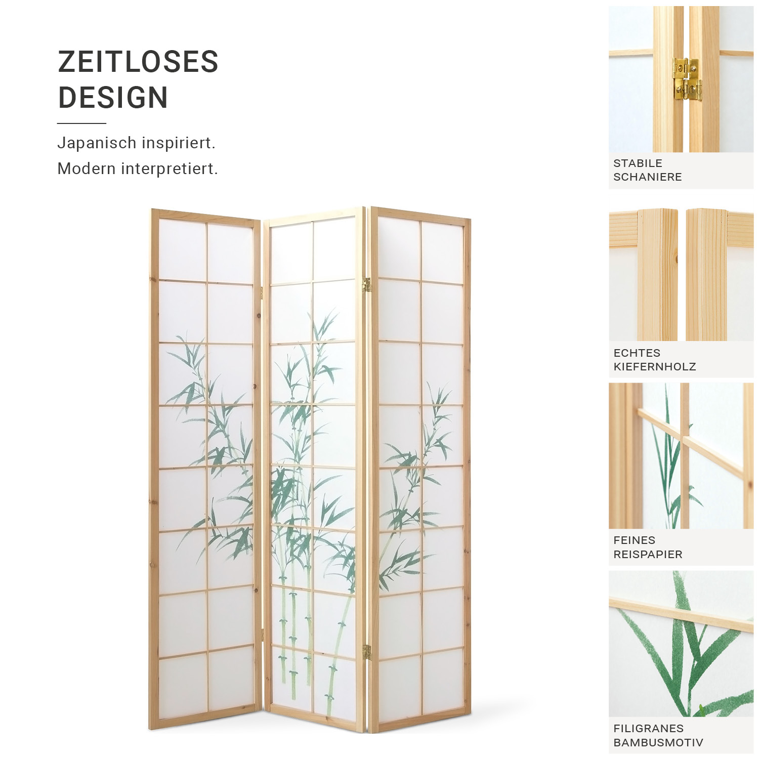 3-Panel Natural Screen – Shoji Room Divider with Bamboo Motif, Made of Wood and Rice Paper
