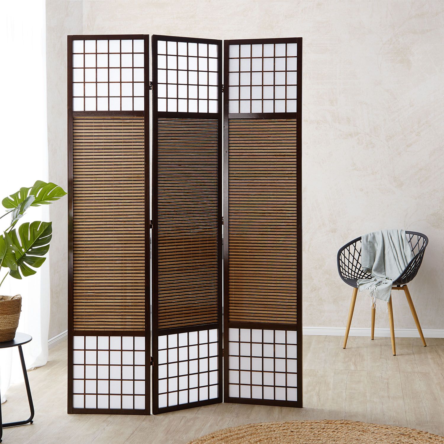 Paravent Brown Bamboo Shoji Rice Paper White Height 200 cm | 3-panel | Wood | Room Divider Partition Privacy Screen