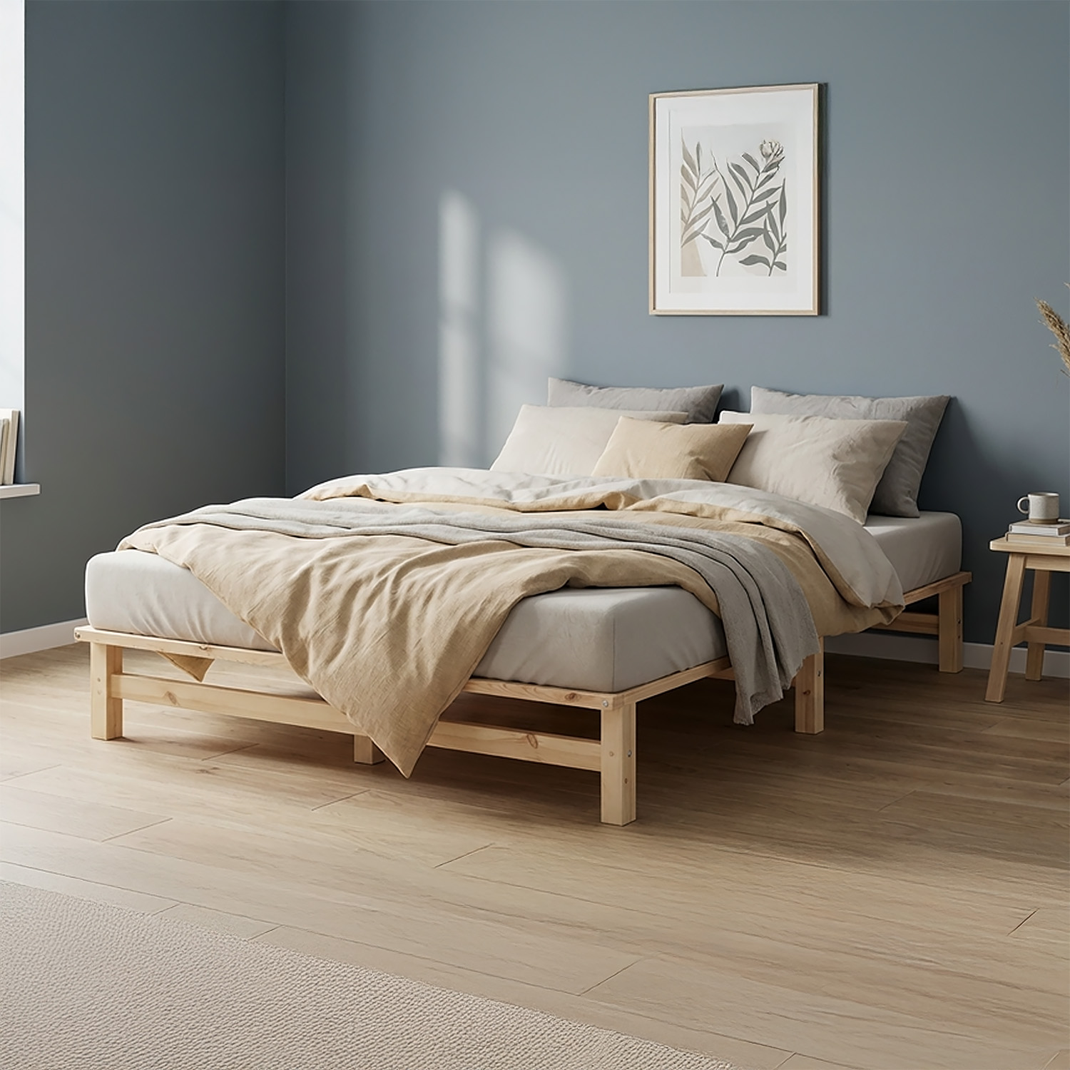 140x200 cm Natural Pallet Bed – Wooden Double Bed with Mattress & Slatted Base for Teen Rooms, Guest Rooms, and Bedrooms