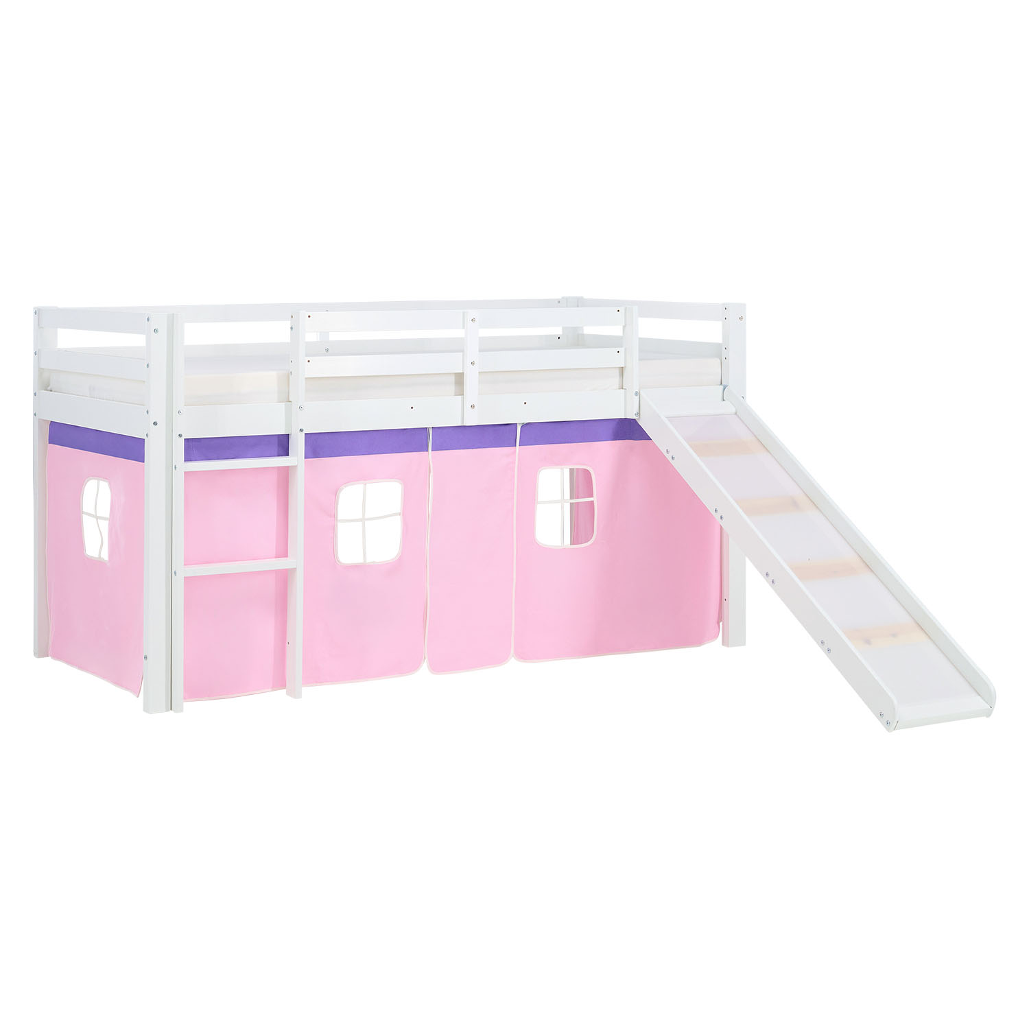 Loftbed 90x200 cm Bunk bed Childrens bed Solid Pine Wood Tower Tunnel Curtain Pink Slide Mattress Slats