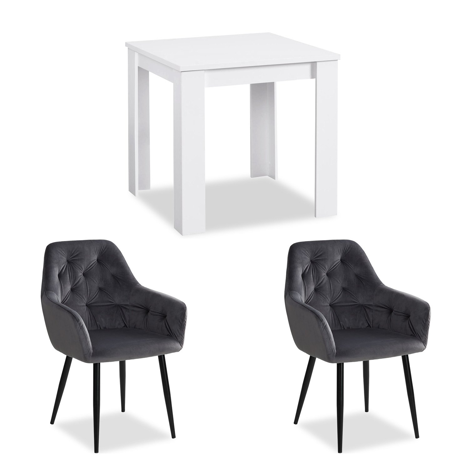 Essgruppe 2 Personen – Esstisch Weiß 80x80 cm mit 2 grauen Samtstühlen mit Armlehne