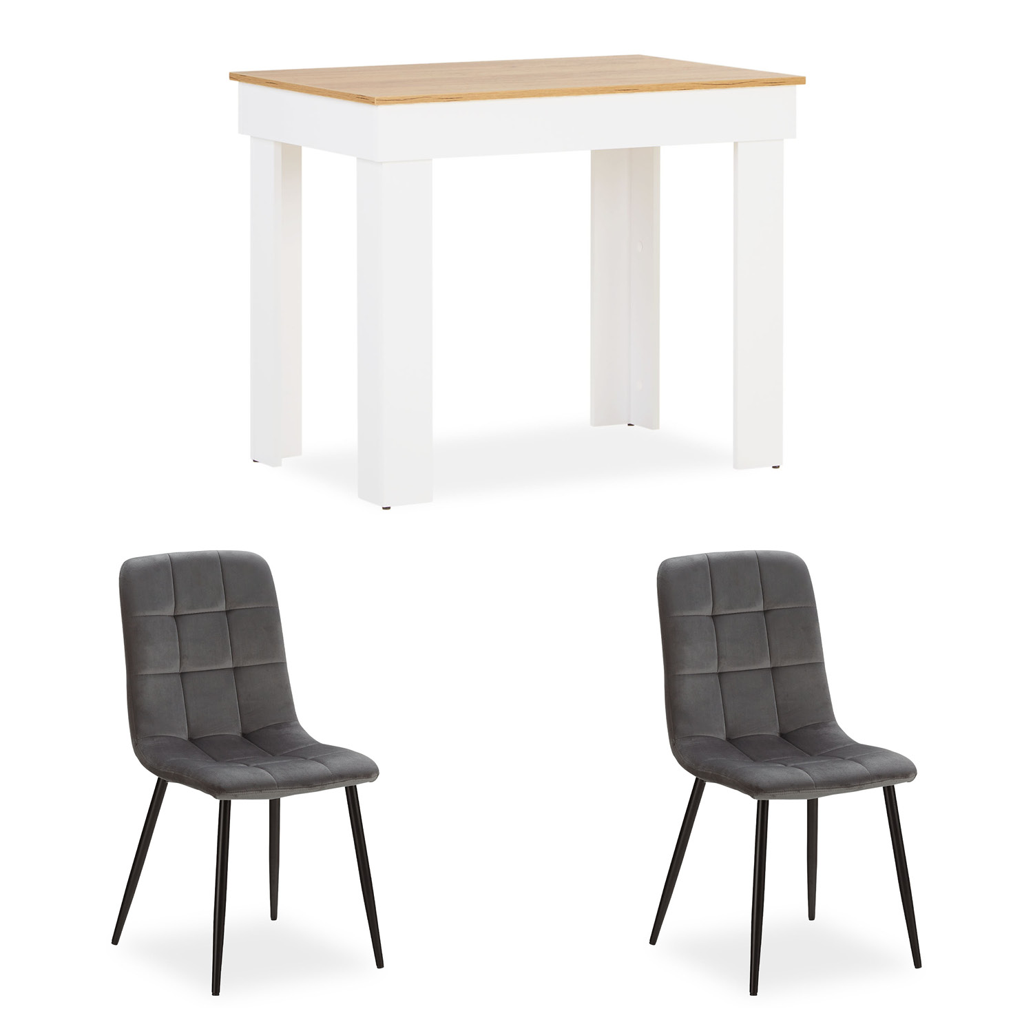 Modern Dining Table White Wood Oak 90x60 cm with 2 Grey Velvet Chairs Dining Room Table Wooden Table