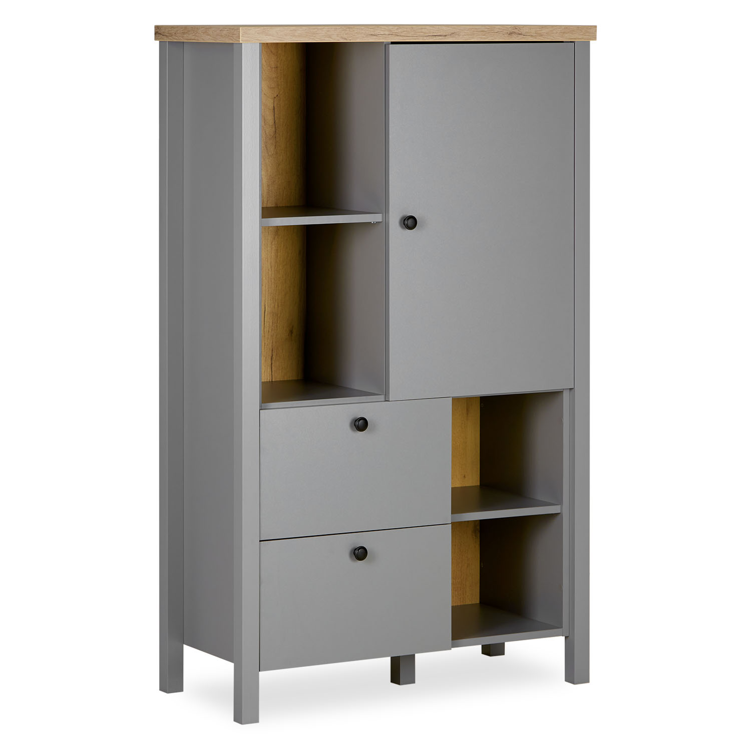 Highboard Sideboard Grey Wood Natural Storage 2 Drawers Cabinet Buffet Credenza Living Room Cupboard