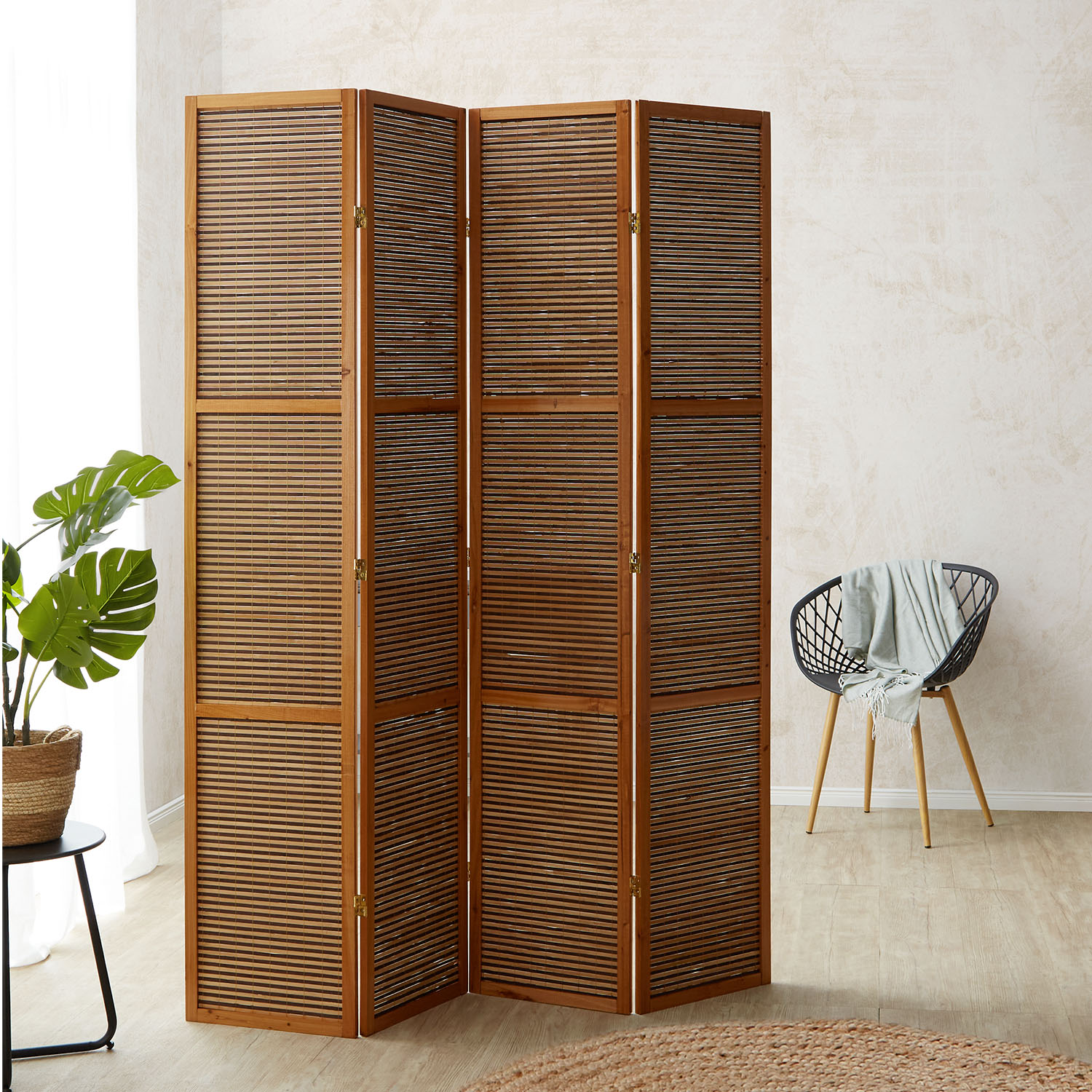 Paravent Brown Wooden Slats Height 200 cm | 4-panel | Wood | Room Divider Partition Privacy Screen