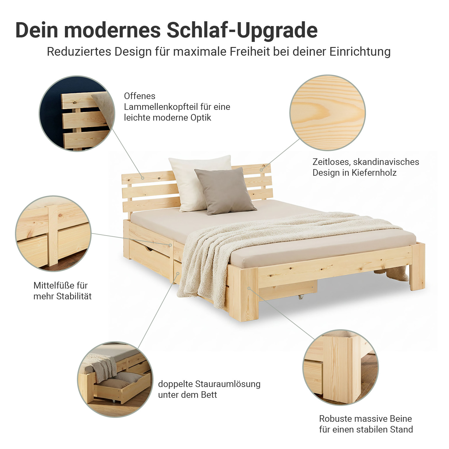 Wood Bed 120x200 cm Natural | Double Bed | with 2 Drawers | Solid | Kids Youth Guest Bedroom