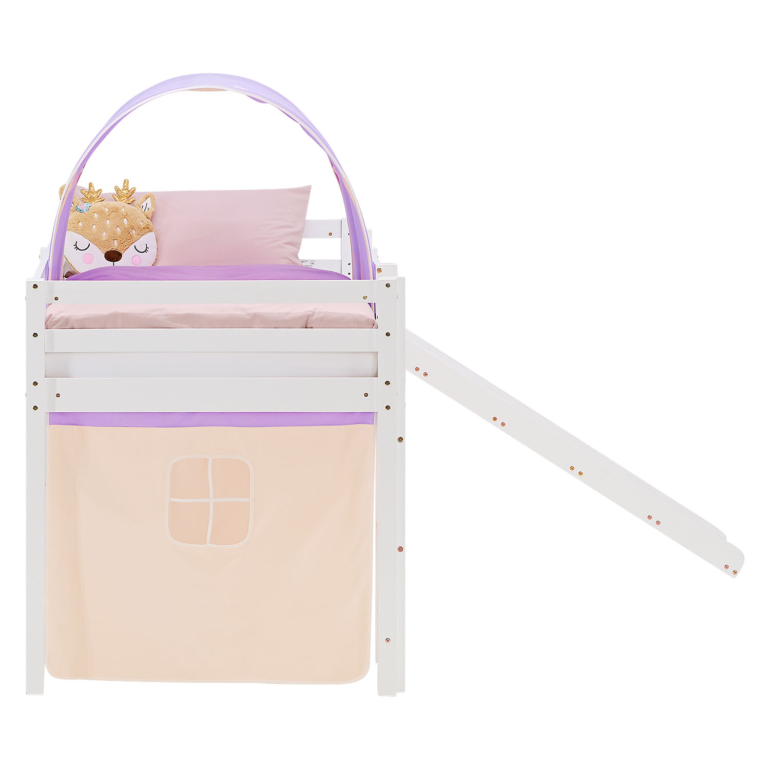 Loft Bed for Kids 90x200 cm White with Curtain & Tunnel in Lilac Beige | Slide | with Slatted Frame