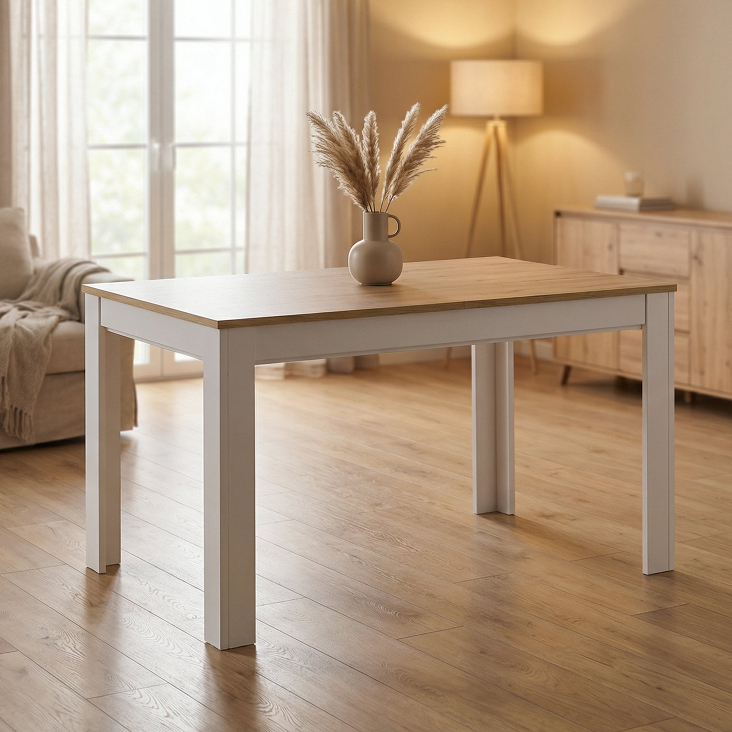 Modern Dining Table Kitchen Table White Wooden Table 135x86 cm Wotan Oak 8 Seater Extendable