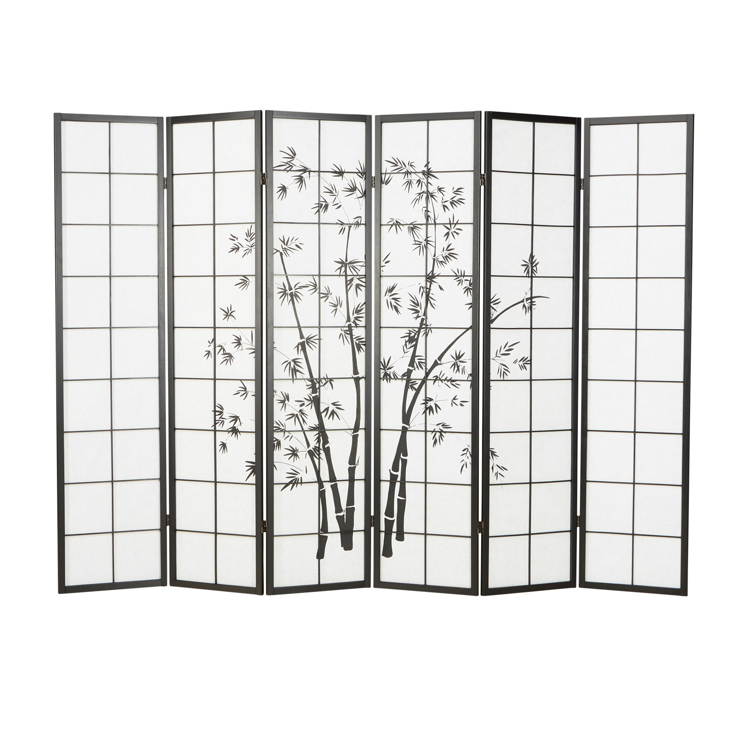 Paravent Séparation de pièce 6 pièces, bois noir, papier de riz blanc, motif bambou, hauteur 179 cm	