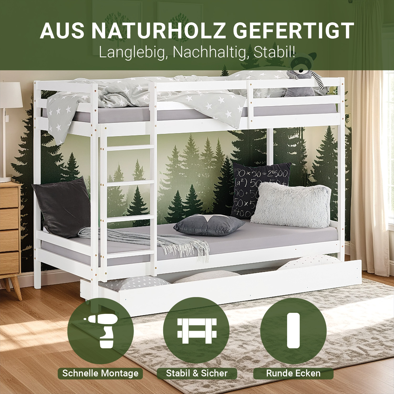 Bunk bed with drawer and 2 matresses Children bed 90x200 cm wooden Kids bed High sleeper White Slats