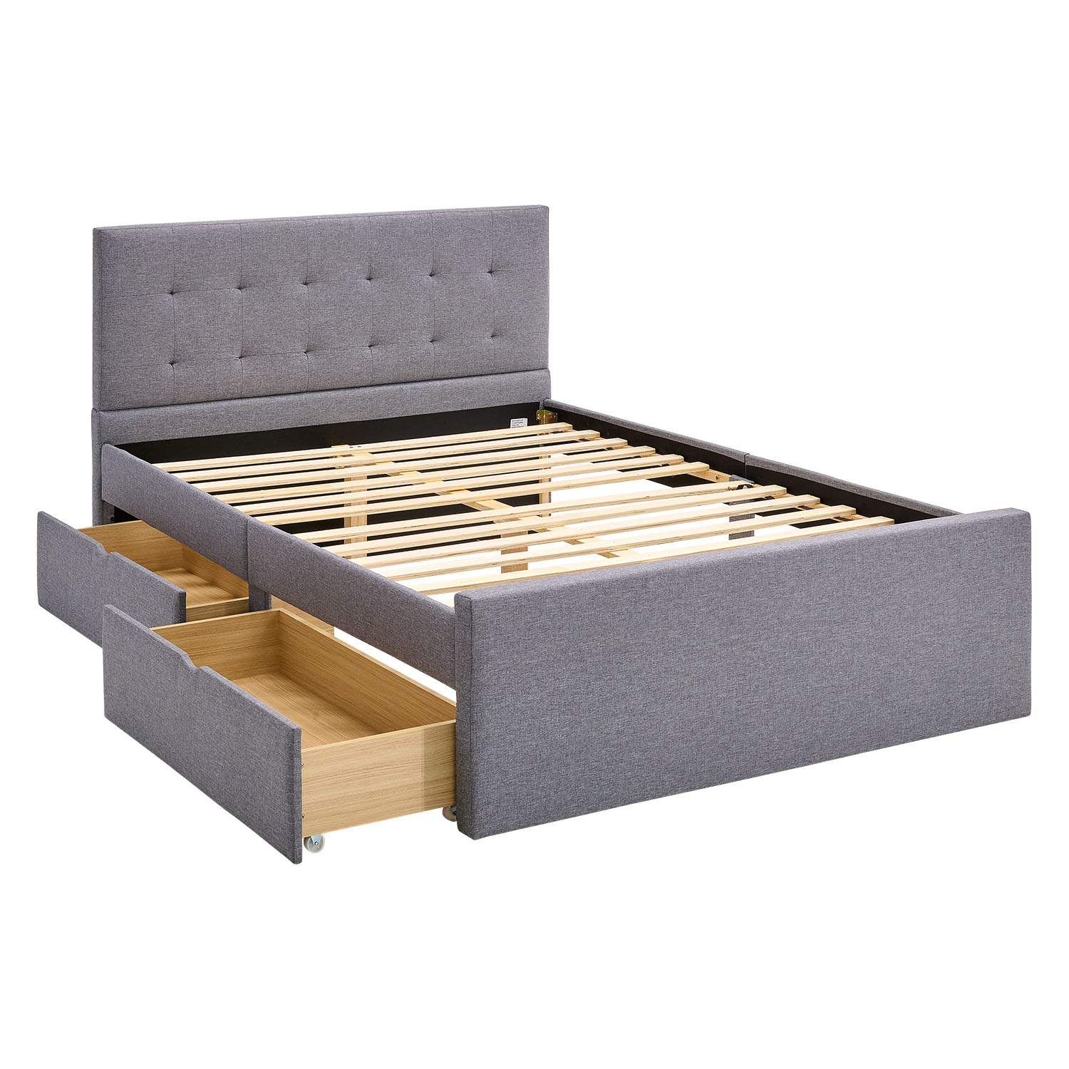 Upholstered bed 120x200 cm grey | with slatted frame | with 2 bed drawers | double fabric bed frame