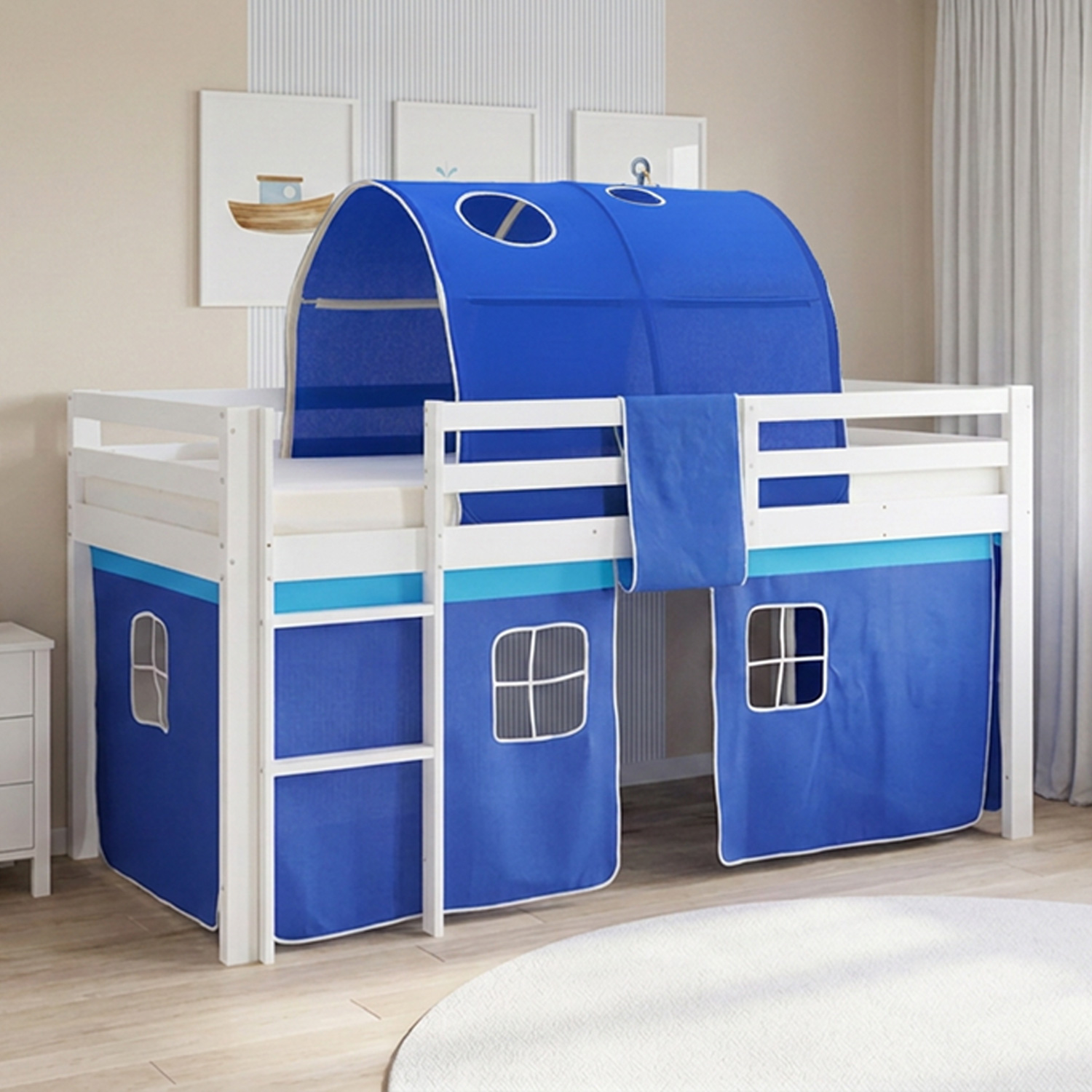 Children's Loft Bed 90x200 cm White with Blue Curtain | Tunnel | with Slatted Base | with Mattress