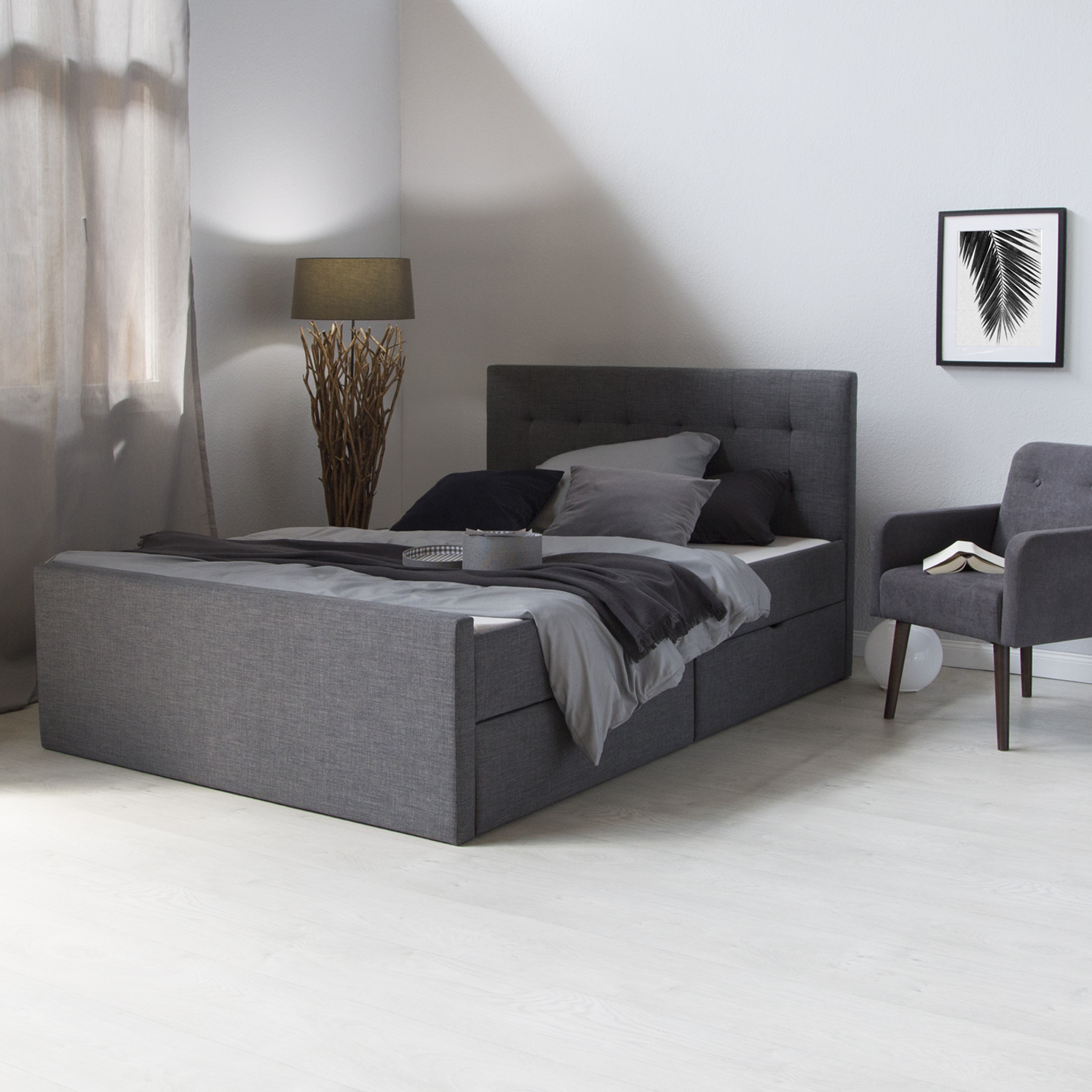 Upholstered Bed Frame Double Bed 120x200 Grey Platform Bed Fabric Headboard 2 Drawers