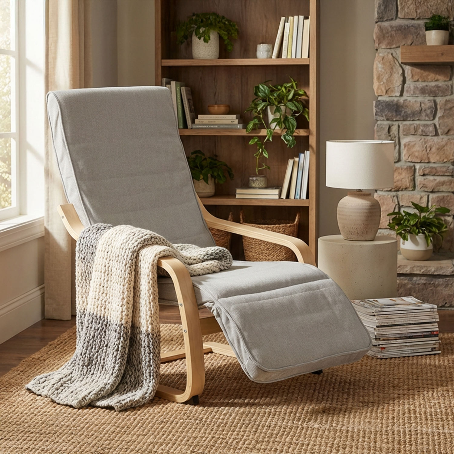 Relaxsessel mit Fußstütze aus grauem Cord | Skandinavisches Design