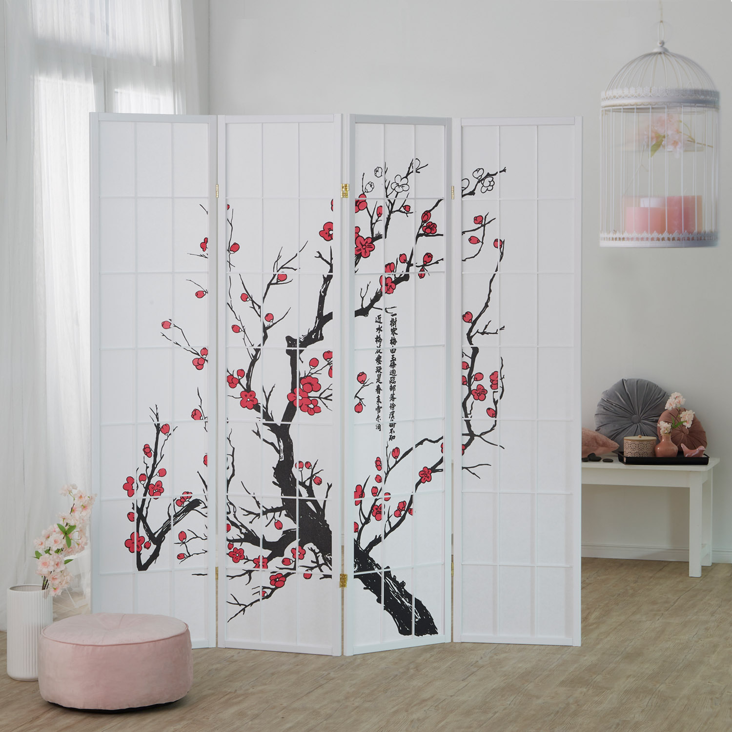4-panel Shoji room divider with cherry blossom motif in an Asian-inspired interior ? elegant screen with white frame, black calligraphy, and translucent paper, perfect for stylish space division and a serene living atmosphere.