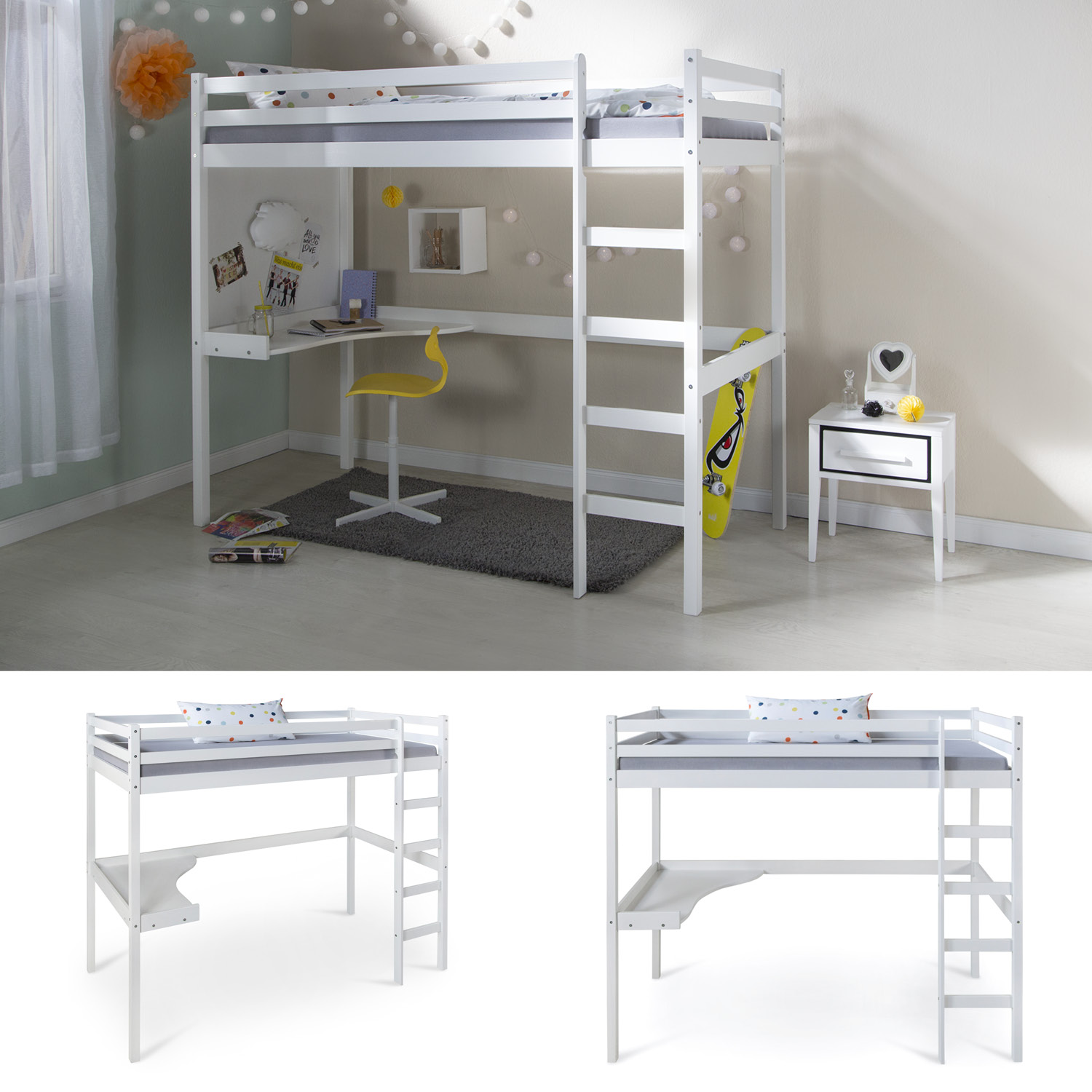 Child bunk bed youth bed white with desk & ladder 90 x 200 cm