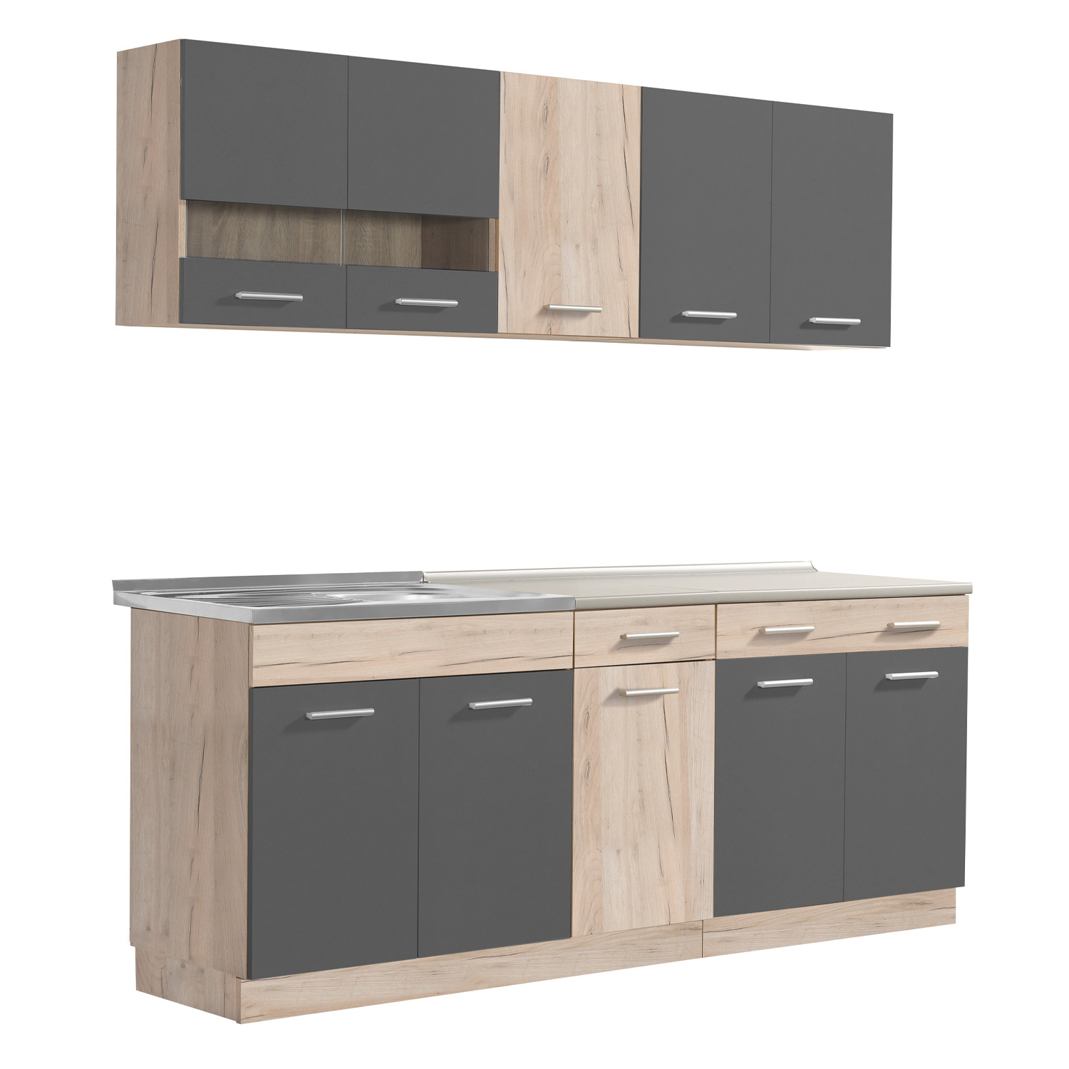 Moderne Küche Eiche Grau Küchenzeile ohne Geräte Einbauküche Singleküche Küchenschränke 200 cm