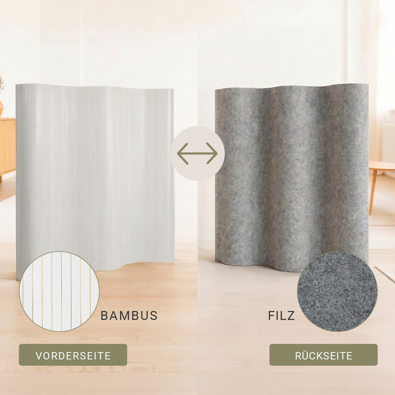 Paravent Bamboo Height 145 cm White | Room Divider | Partition Privacy Screen