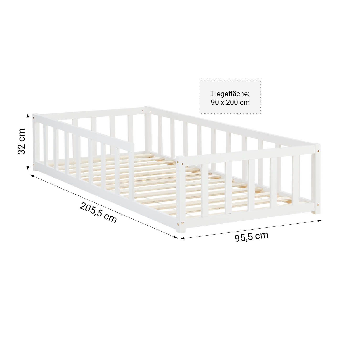 Children's Bed 90x200 cm White | Floor Bed with Slatted Frame | with Fall Protection | Montessori